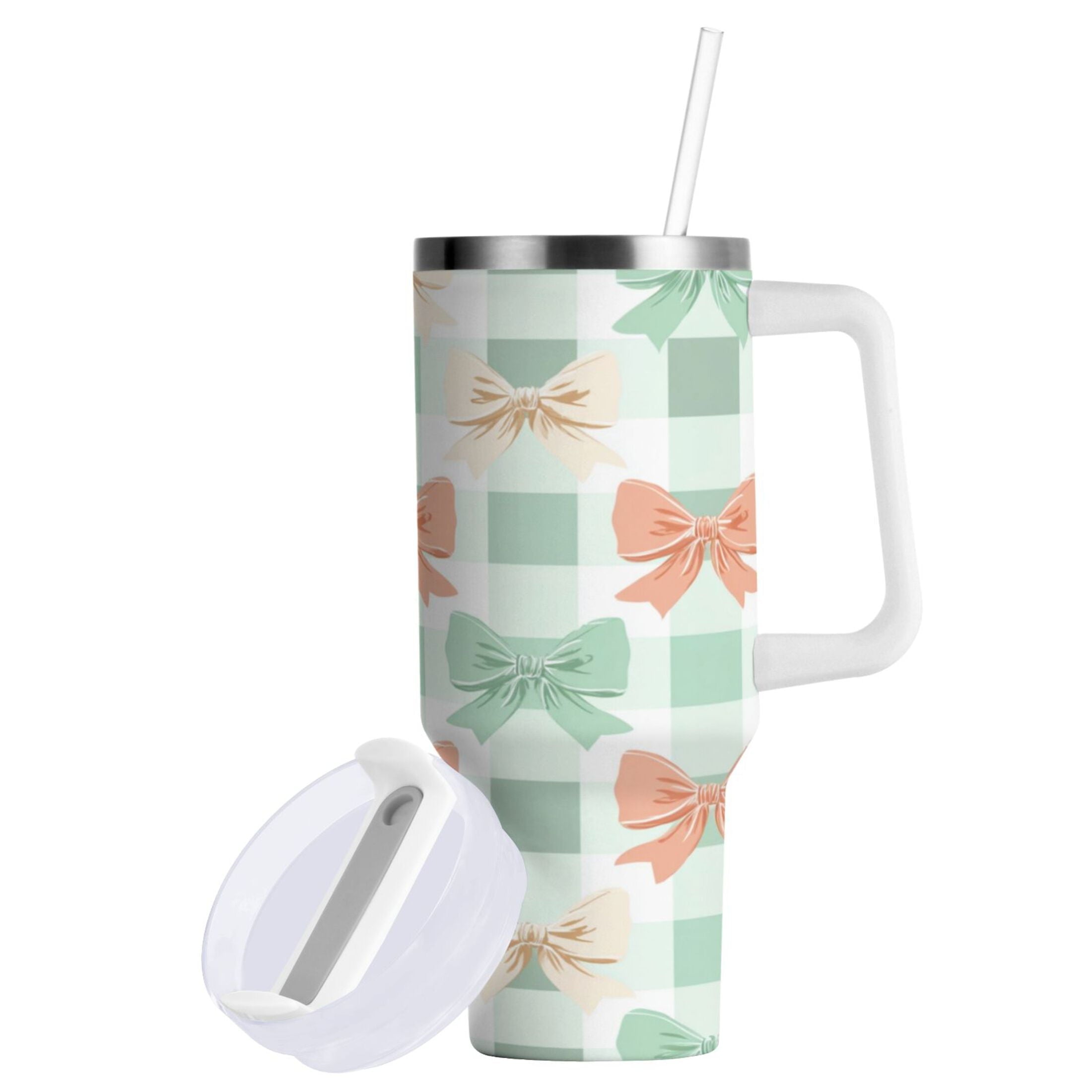 40 oz Insulated Stainless Steel Tumbler Double Wall Stainless Steel Tumbler with 2-Way Drinking Green and Peach Bow Pattern Edition-U5S0