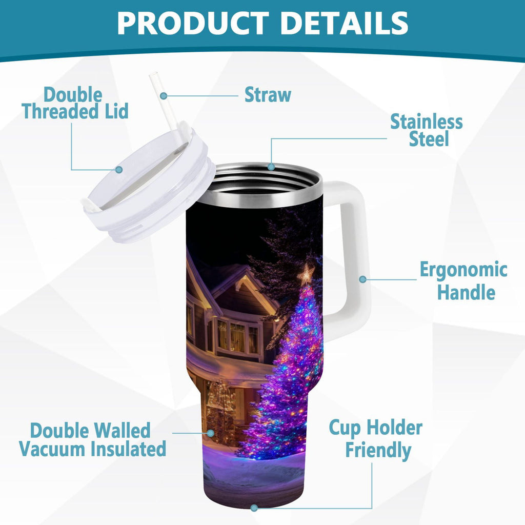 40 oz Insulated Stainless Steel Tumbler Double Wall Stainless Steel Tumbler with 2-Way Drinking Christmas Trees with Lights Edition-GDV6