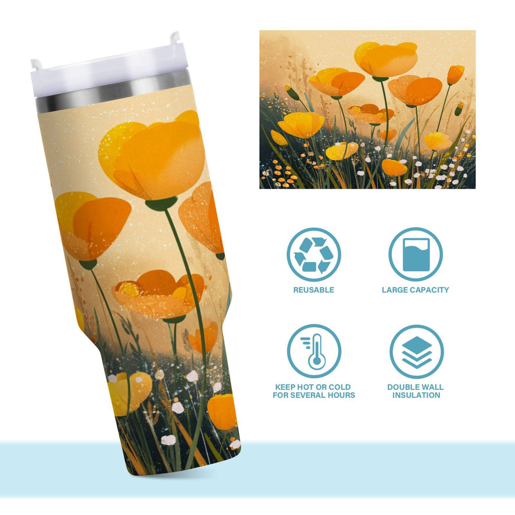 30 oz Insulated Stainless Steel Tumbler Double Wall Stainless Steel Tumbler with 2-Way Drinking Yellow Flowers on The Grass Edition-EWWI