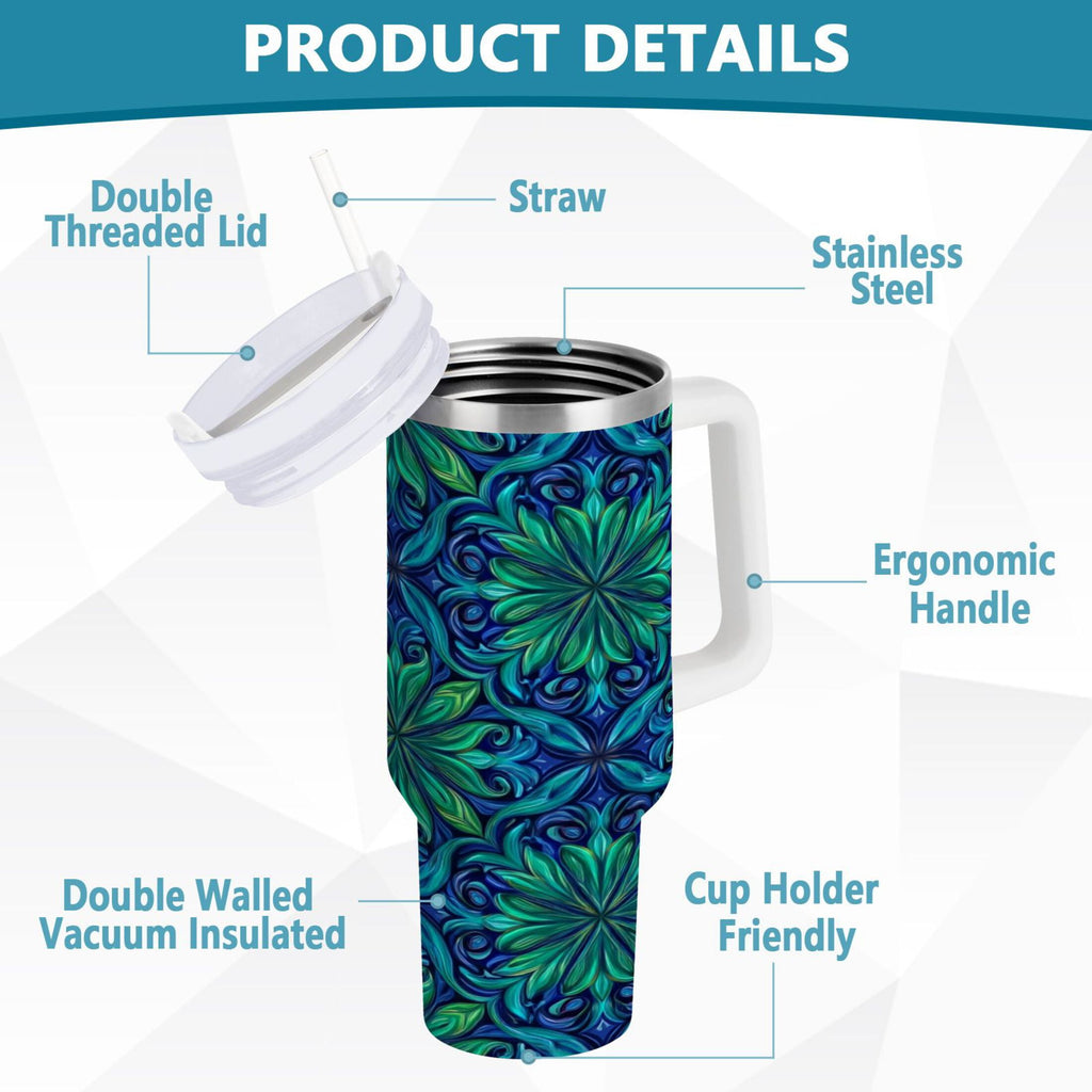 40 oz Insulated Stainless Steel Tumbler Double Wall Stainless Steel Tumbler with 2-Way Drinking Elegant Blue Traditional Patterns Edition-2WG4