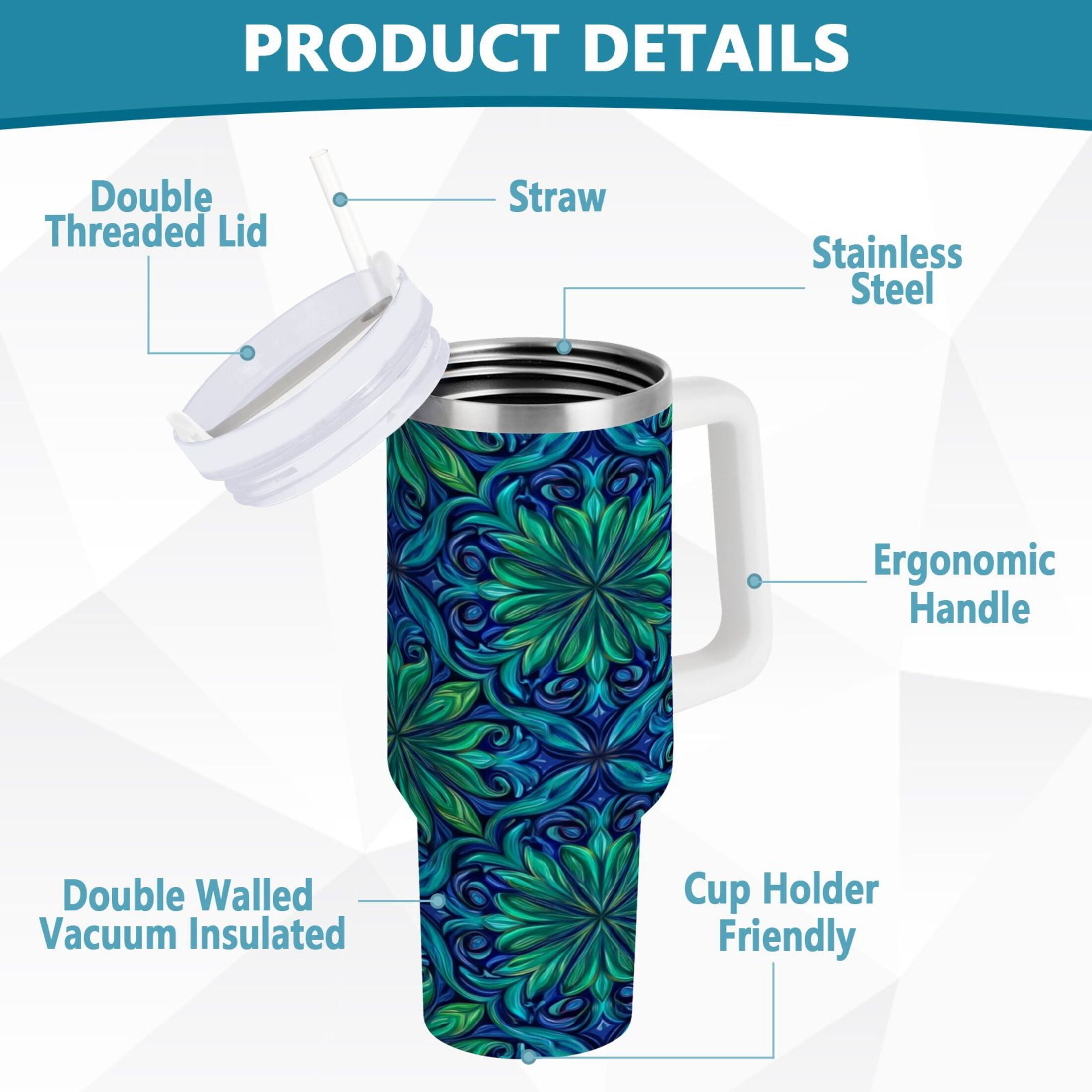 40 oz Insulated Stainless Steel Tumbler Double Wall Stainless Steel Tumbler with 2-Way Drinking Elegant Blue Traditional Patterns Edition-2WG4