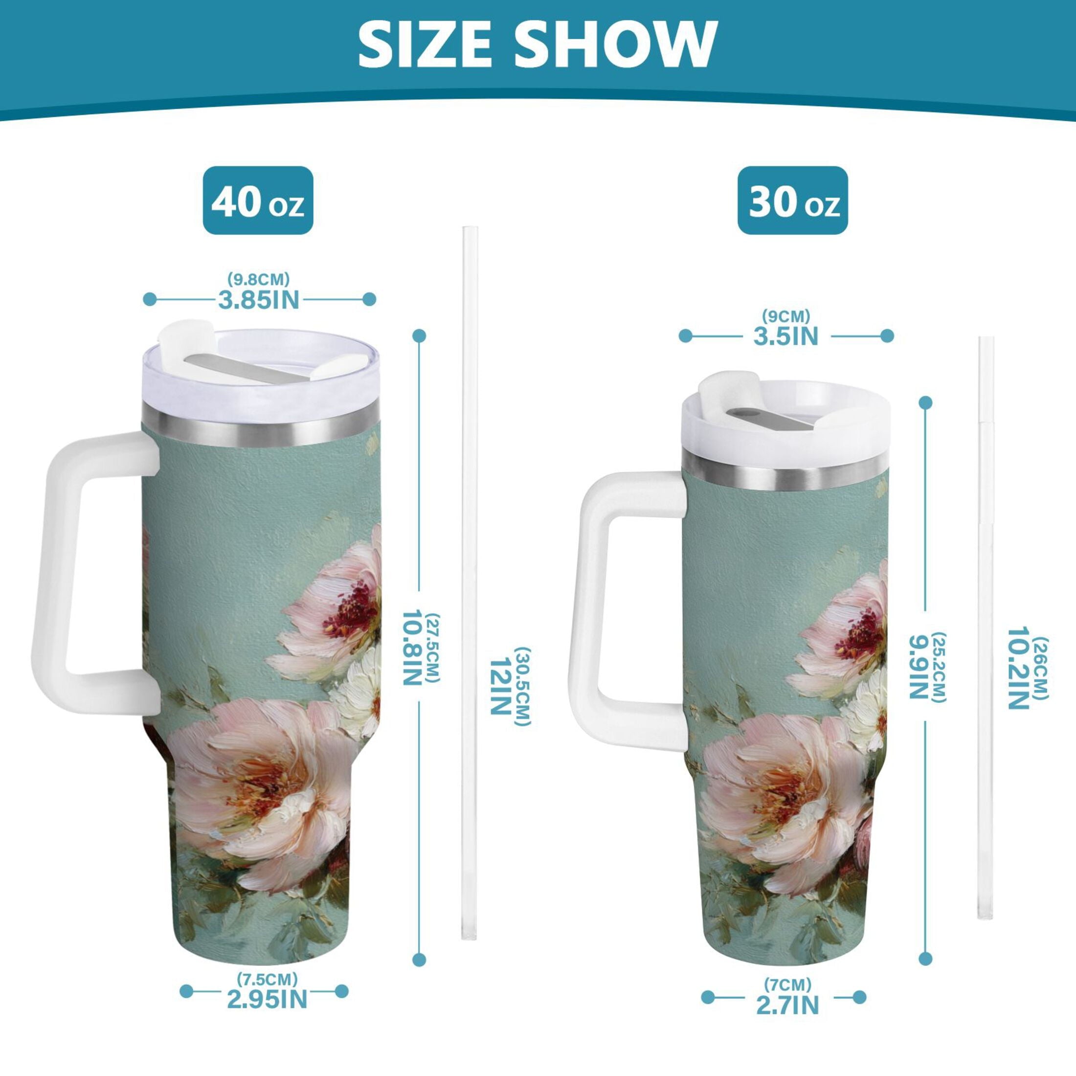 40 oz Insulated Stainless Steel Tumbler Double Wall Stainless Steel Tumbler with 2-Way Drinking Vintage Peonies and Daisies Edition-D83F