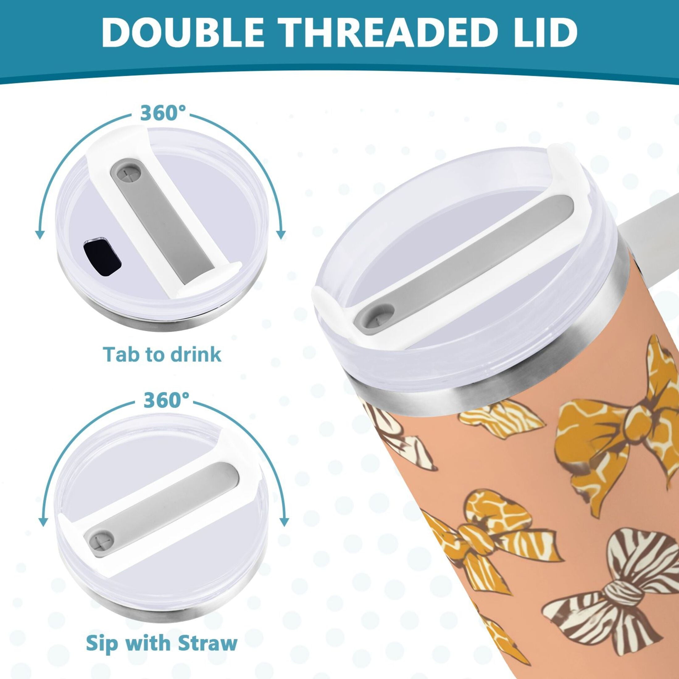40 oz Insulated Stainless Steel Tumbler Double Wall Stainless Steel Tumbler with 2-Way Drinking Cute Animal Print Bows Edition-WG06