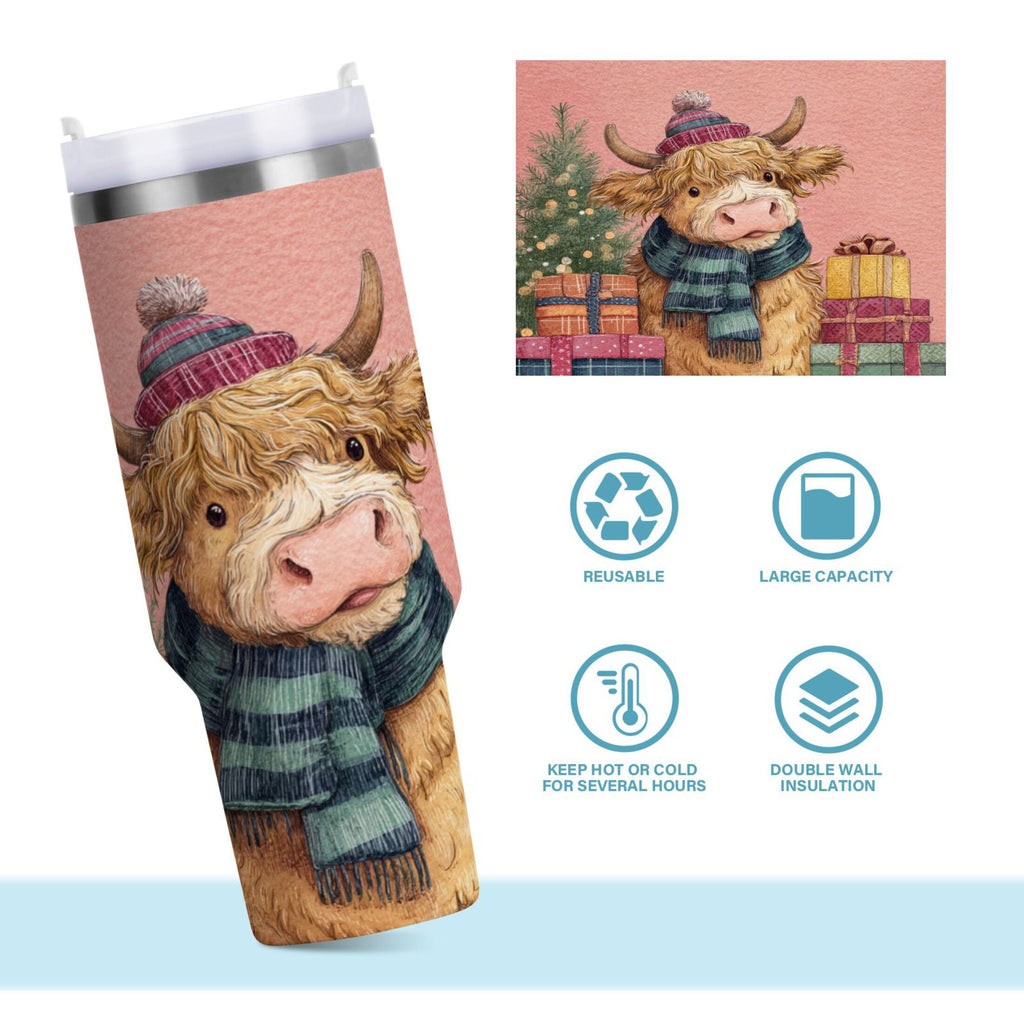30 oz Insulated Stainless Steel Tumbler Double Wall Stainless Steel Tumbler with 2-Way Drinking Cow Wearing Scarf and Hat Edition-HLJO