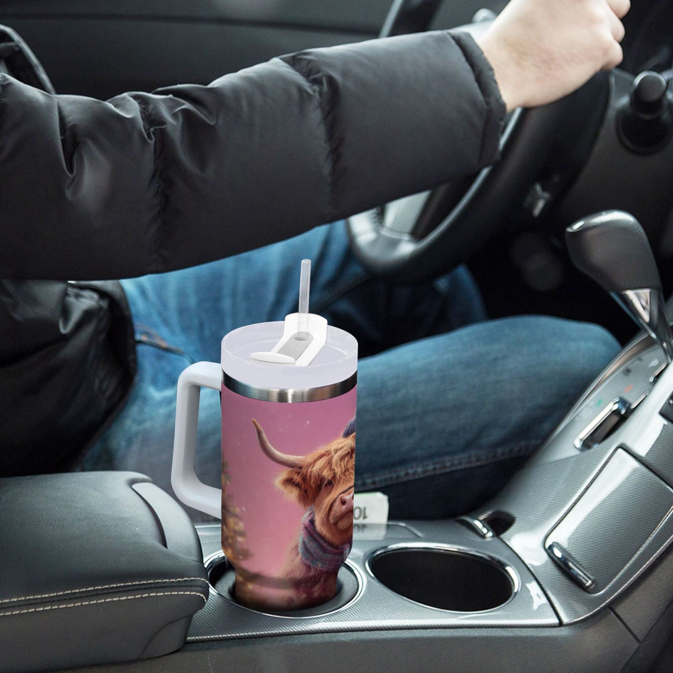 30 oz Insulated Stainless Steel Tumbler Double Wall Stainless Steel Tumbler with 2-Way Drinking Cow Wearing Christmas Edition-I5YN
