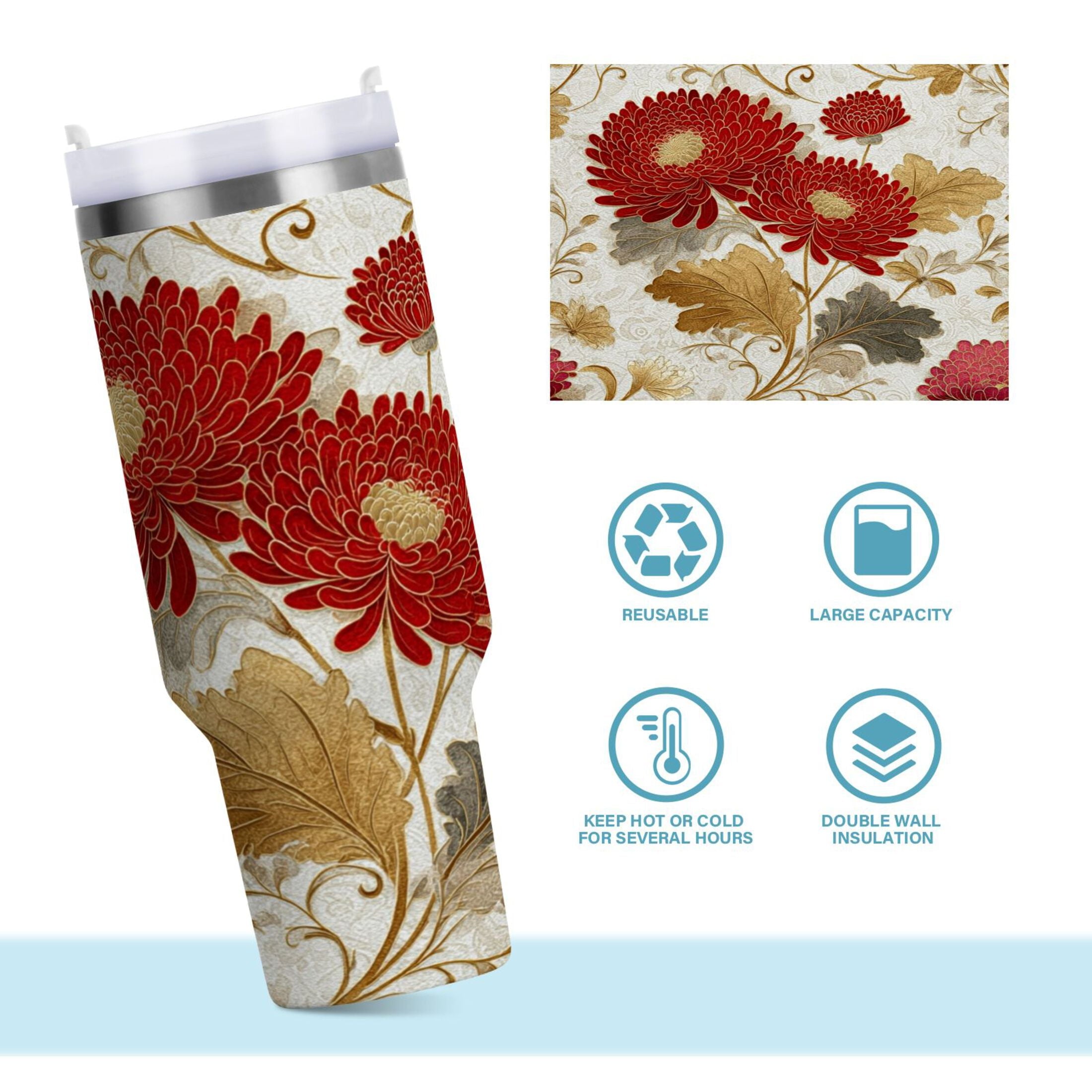 30 oz Insulated Stainless Steel Tumbler Double Wall Stainless Steel Tumbler with 2-Way Drinking Red Chrysanthemum Pattern Edition-ETUM