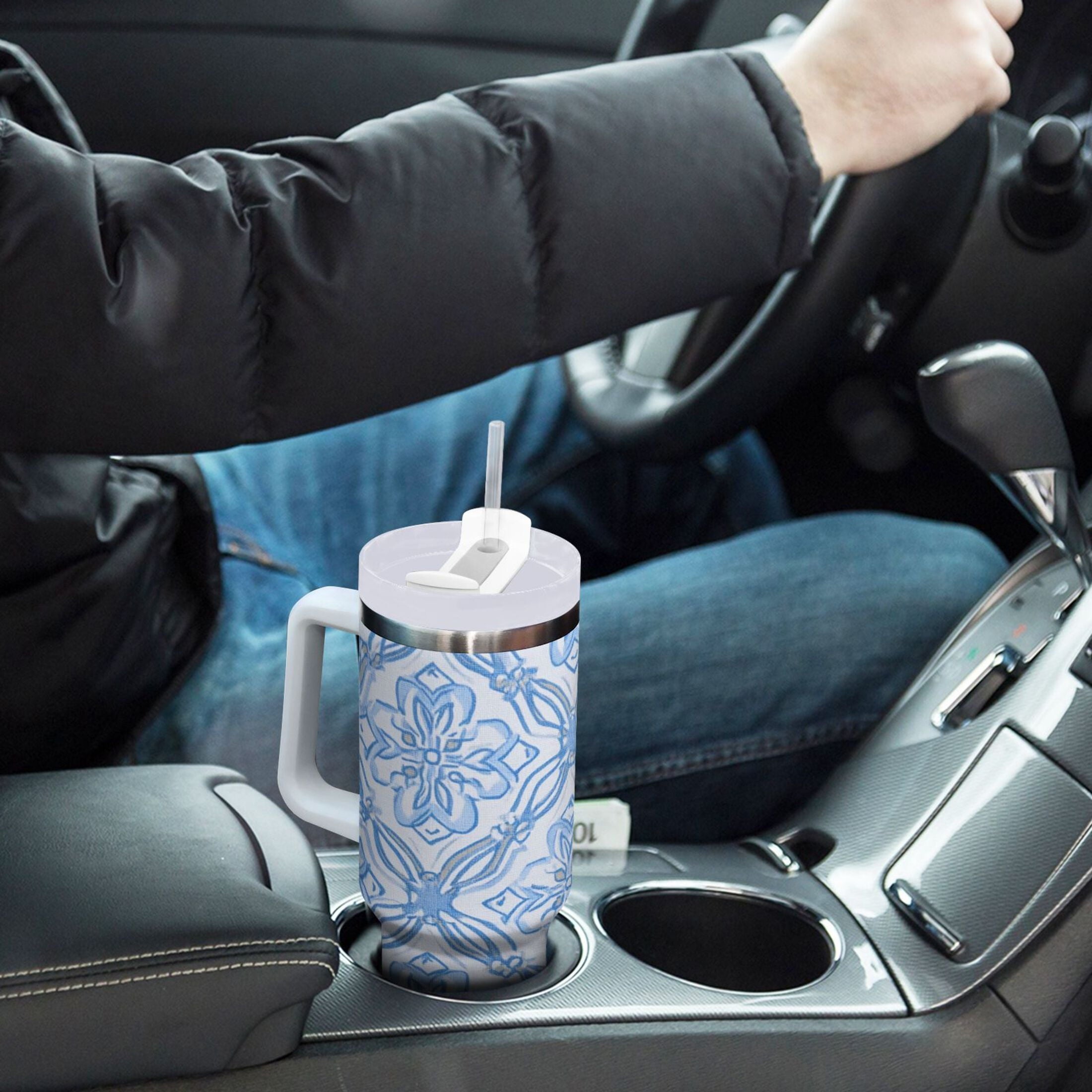 30 oz Insulated Stainless Steel Tumbler Double Wall Stainless Steel Tumbler with 2-Way Drinking Blue Elegant Geometric Design Edition-SCHG