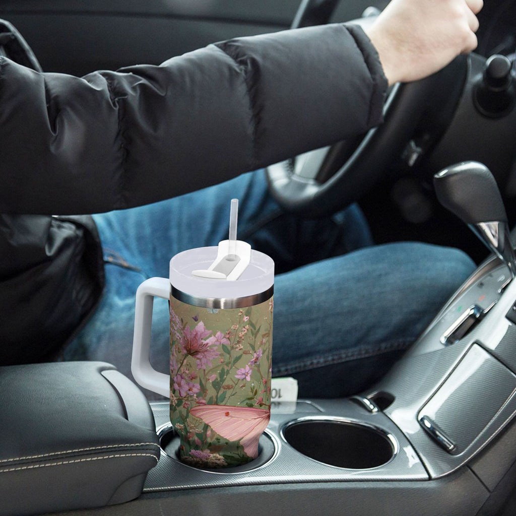 30 oz Insulated Stainless Steel Tumbler Double Wall Stainless Steel Tumbler with 2-Way Drinking Delicate Butterfly Edition-N7B9