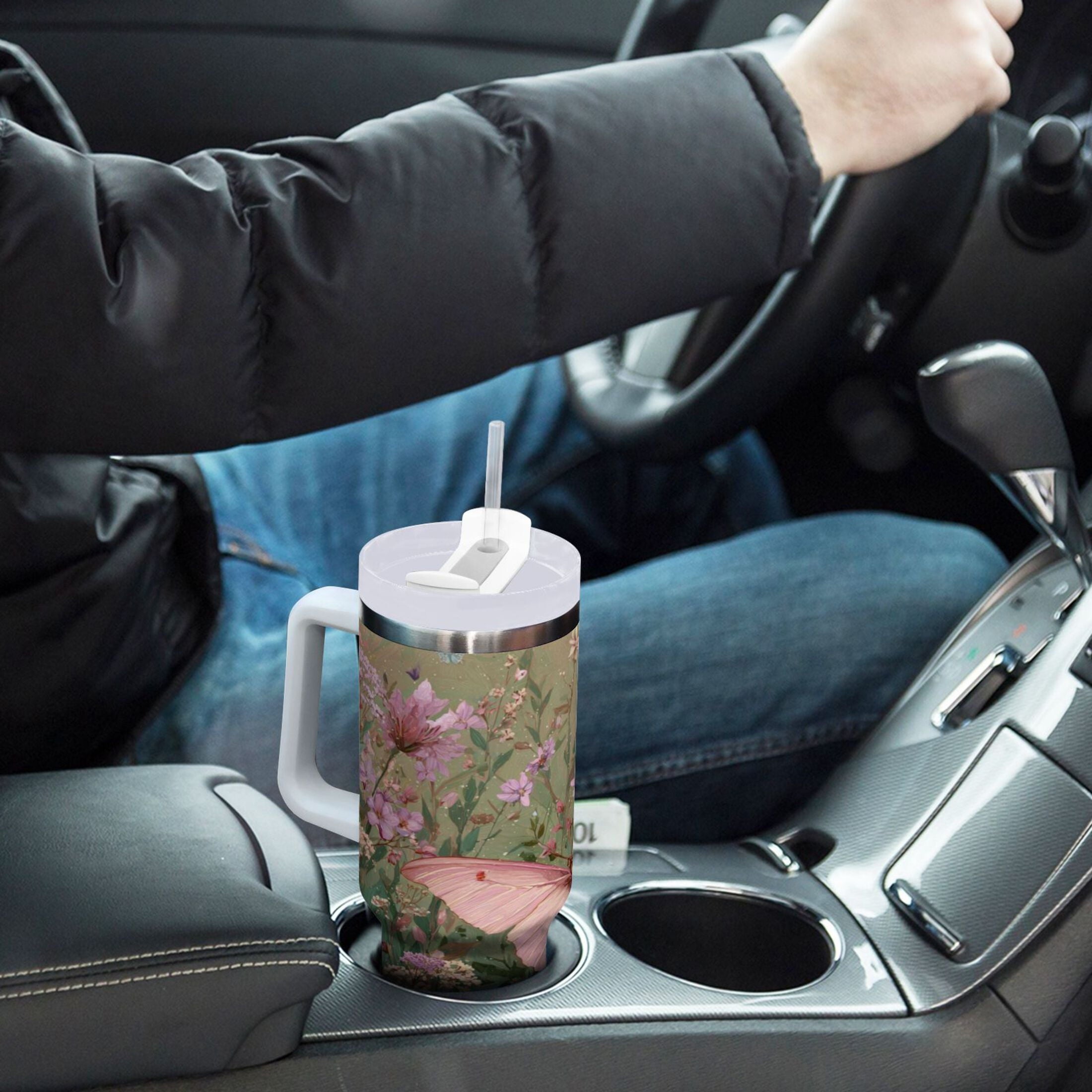 30 oz Insulated Stainless Steel Tumbler Double Wall Stainless Steel Tumbler with 2-Way Drinking Delicate Butterfly Edition-N7B9