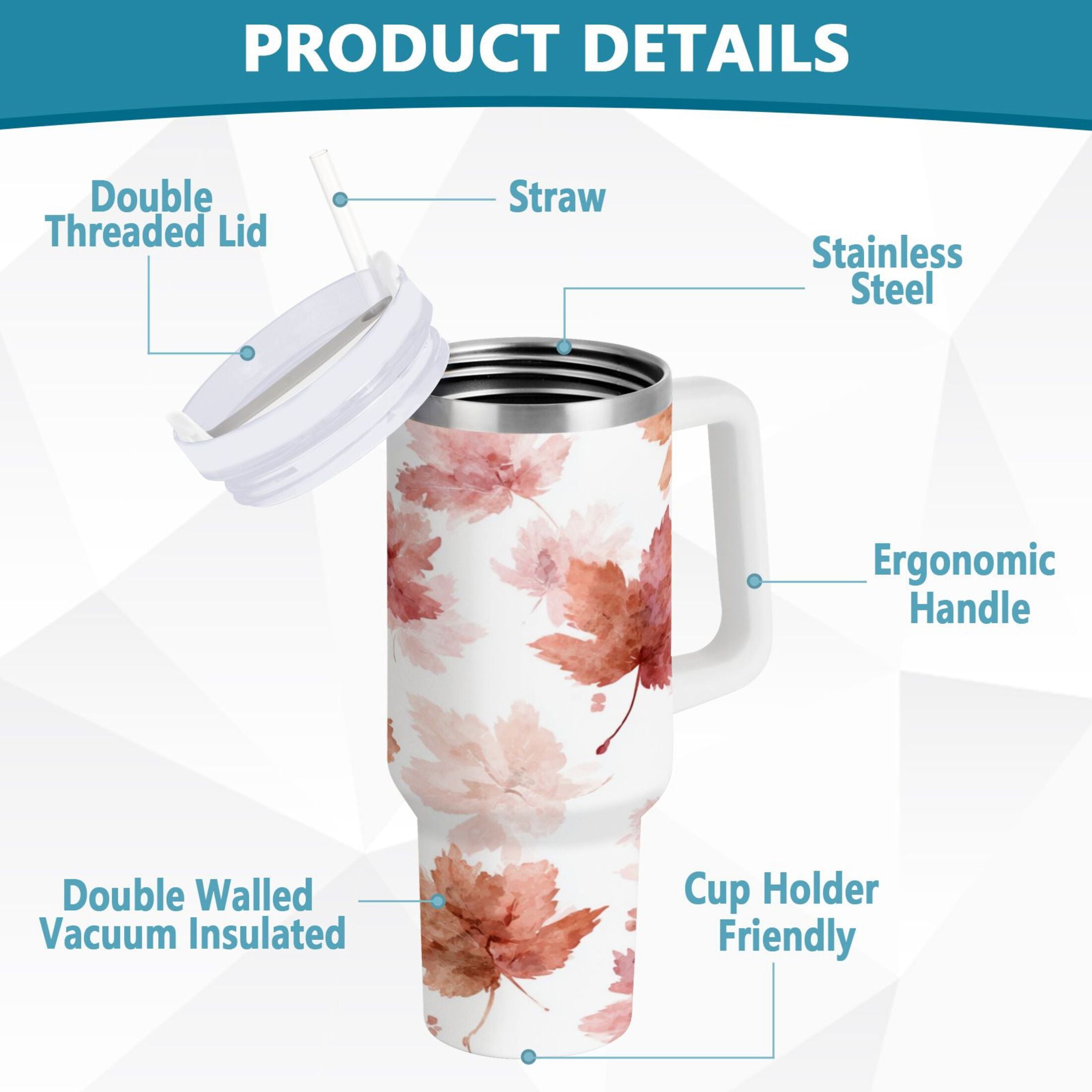 30 oz Insulated Stainless Steel Tumbler Double Wall Stainless Steel Tumbler with 2-Way Drinking Watercolor Pink Maple Leaves Edition-EWW1