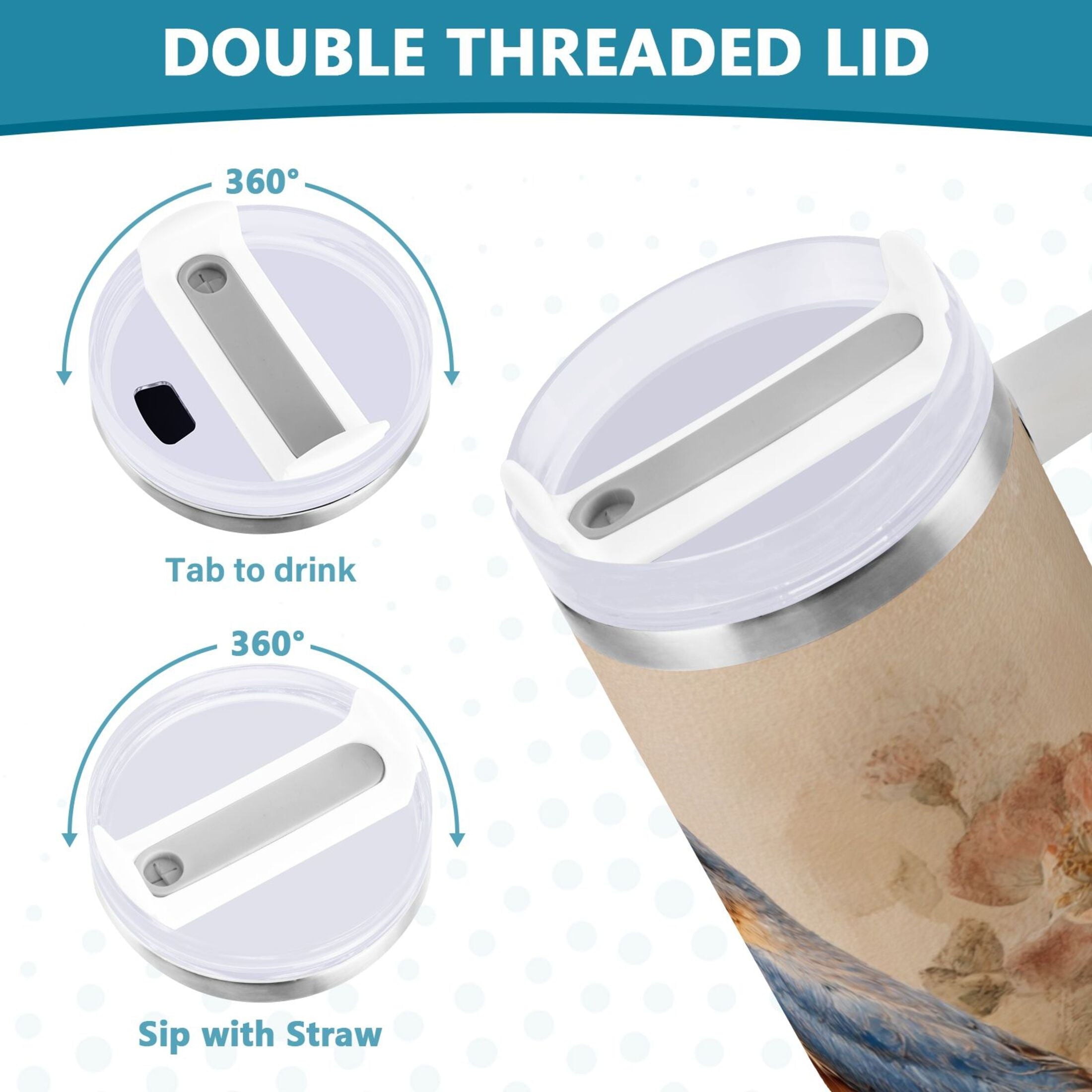 40 oz Insulated Stainless Steel Tumbler Double Wall Stainless Steel Tumbler with 2-Way Drinking Bluebird and Ancient Flowers Edition-0Z50