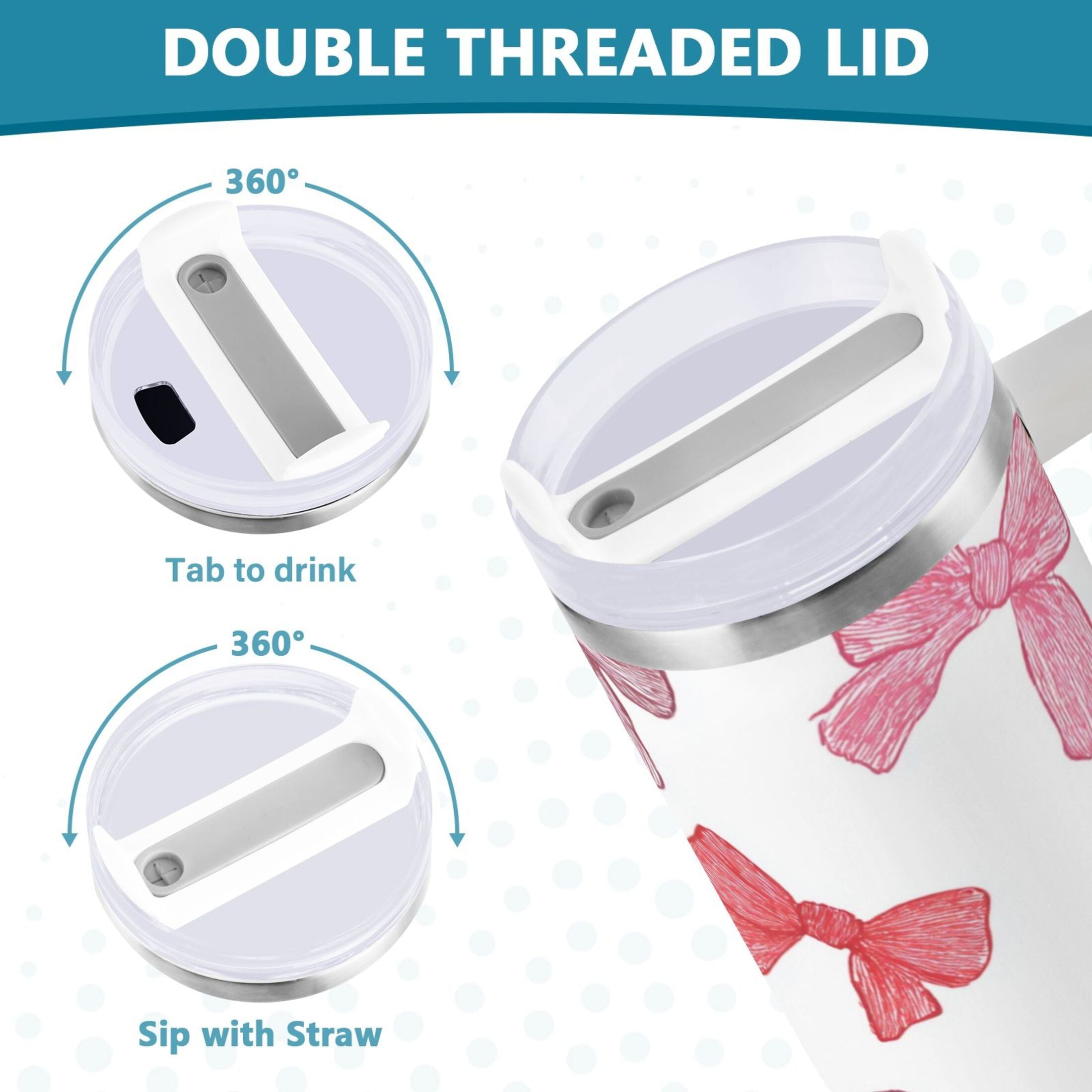 40 oz Insulated Stainless Steel Tumbler Double Wall Stainless Steel Tumbler with 2-Way Drinking Pink Bows Pattern Edition-TQX9