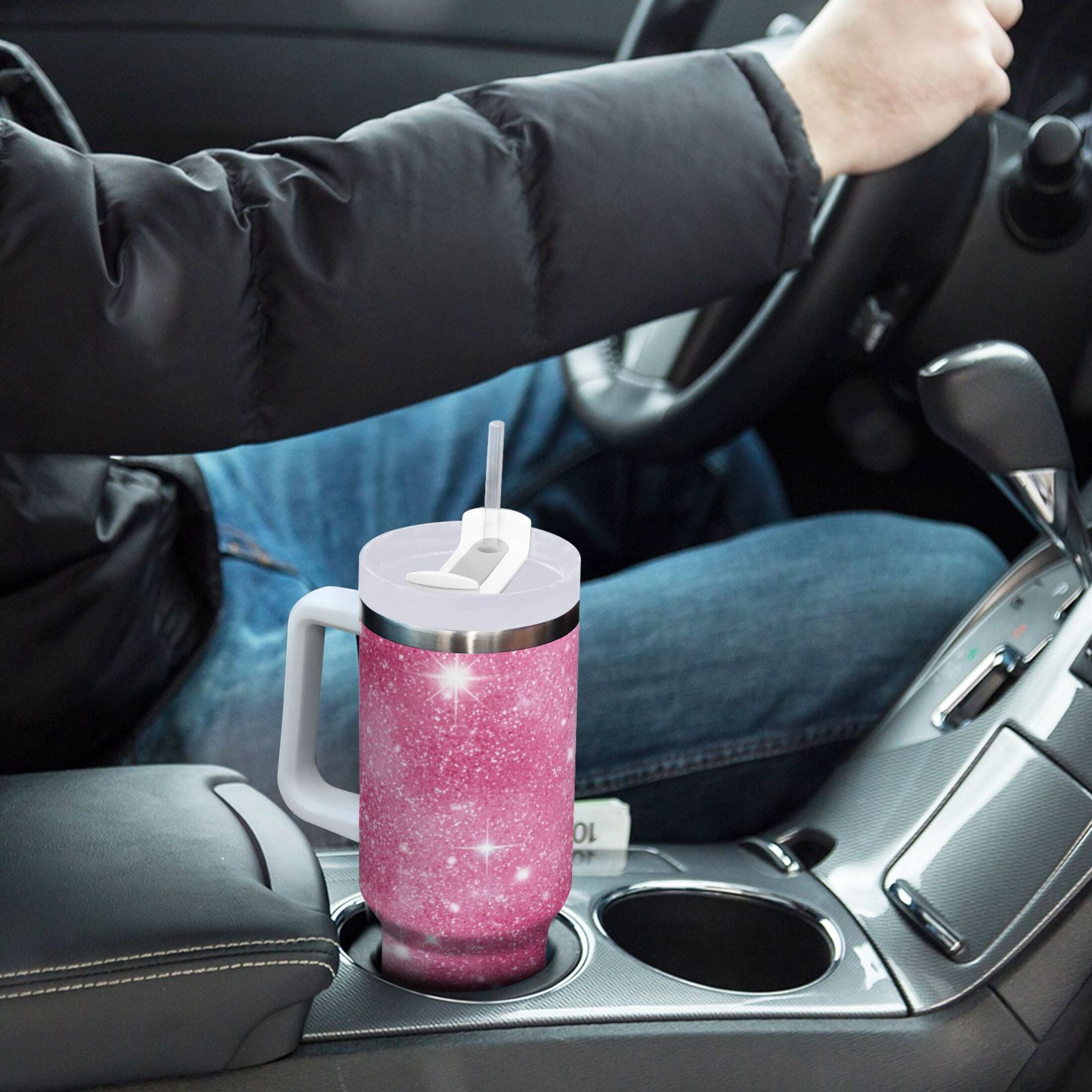 40 oz Insulated Stainless Steel Tumbler Double Wall Stainless Steel Tumbler with 2-Way Drinking Pink Glitter Background Edition-Z74Z