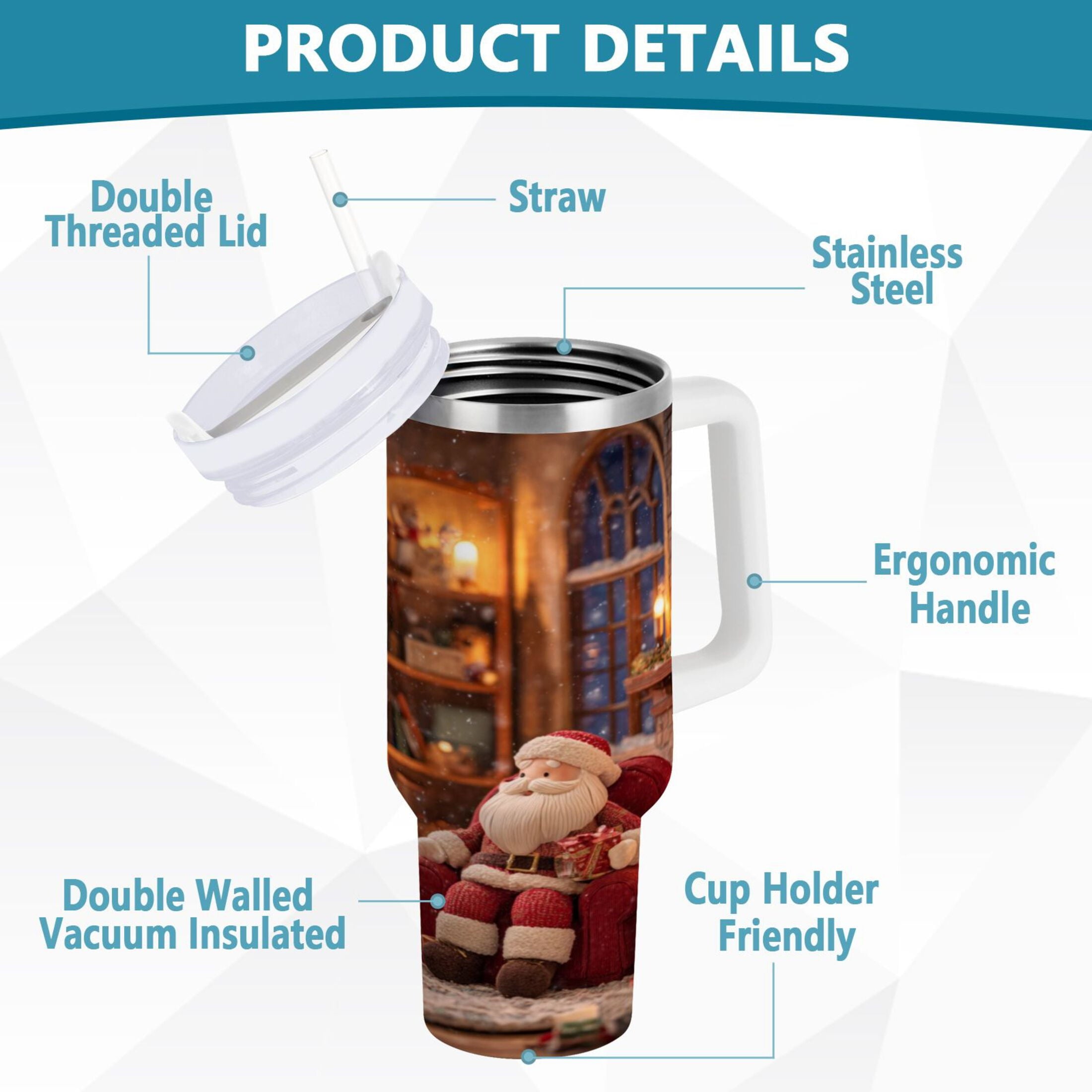 40 oz Insulated Stainless Steel Tumbler Double Wall Stainless Steel Tumbler with 2-Way Drinking Sitting Santa Claus Edition-D17D