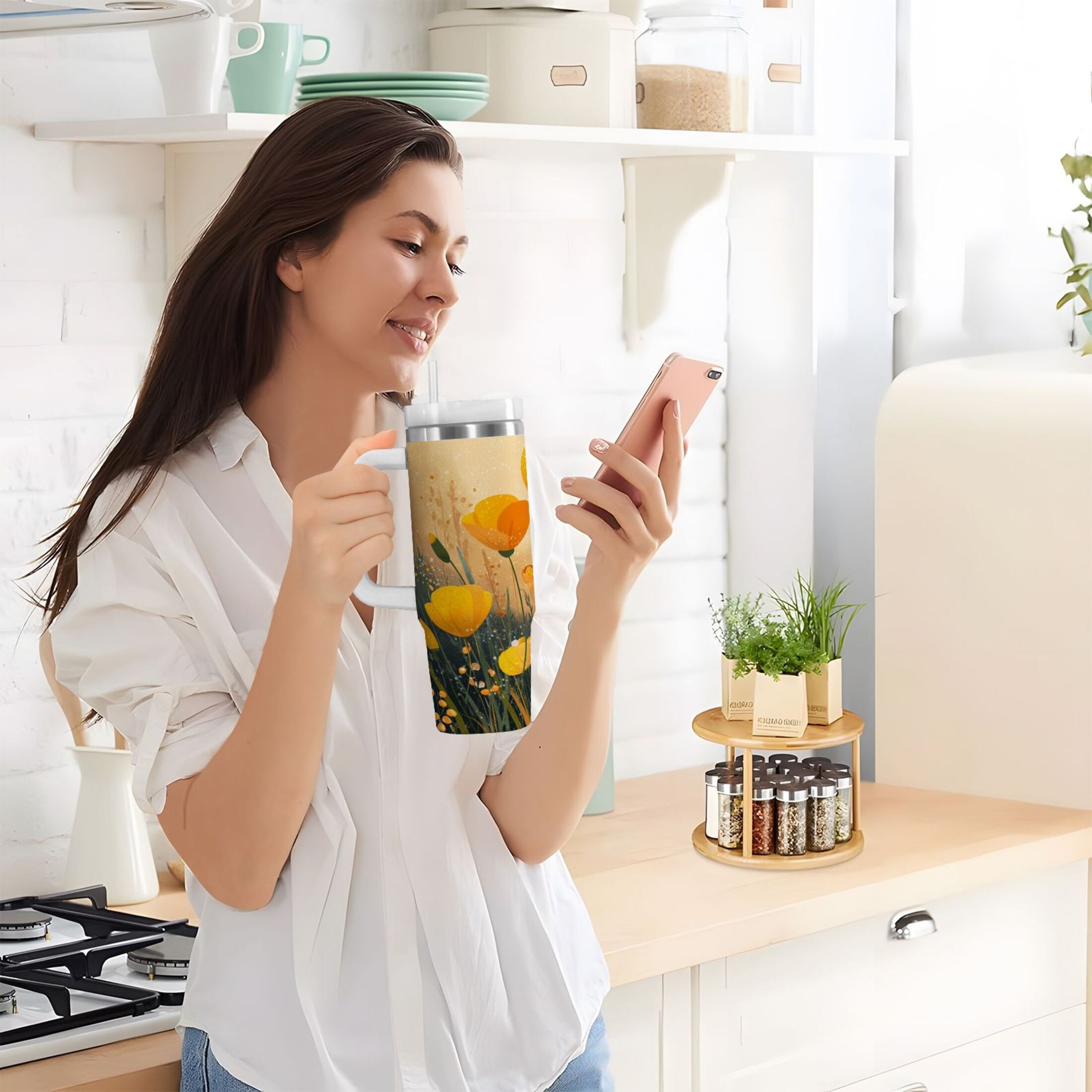 30 oz Insulated Stainless Steel Tumbler Double Wall Stainless Steel Tumbler with 2-Way Drinking Yellow Flowers on The Grass Edition-EWWI