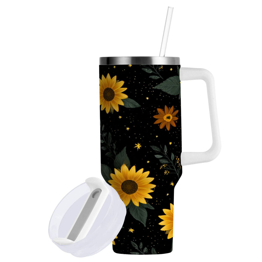 30 oz Insulated Stainless Steel Tumbler Double Wall Stainless Steel Tumbler with 2-Way Drinking Yellow Sunflower Pattern Edition-7NHV