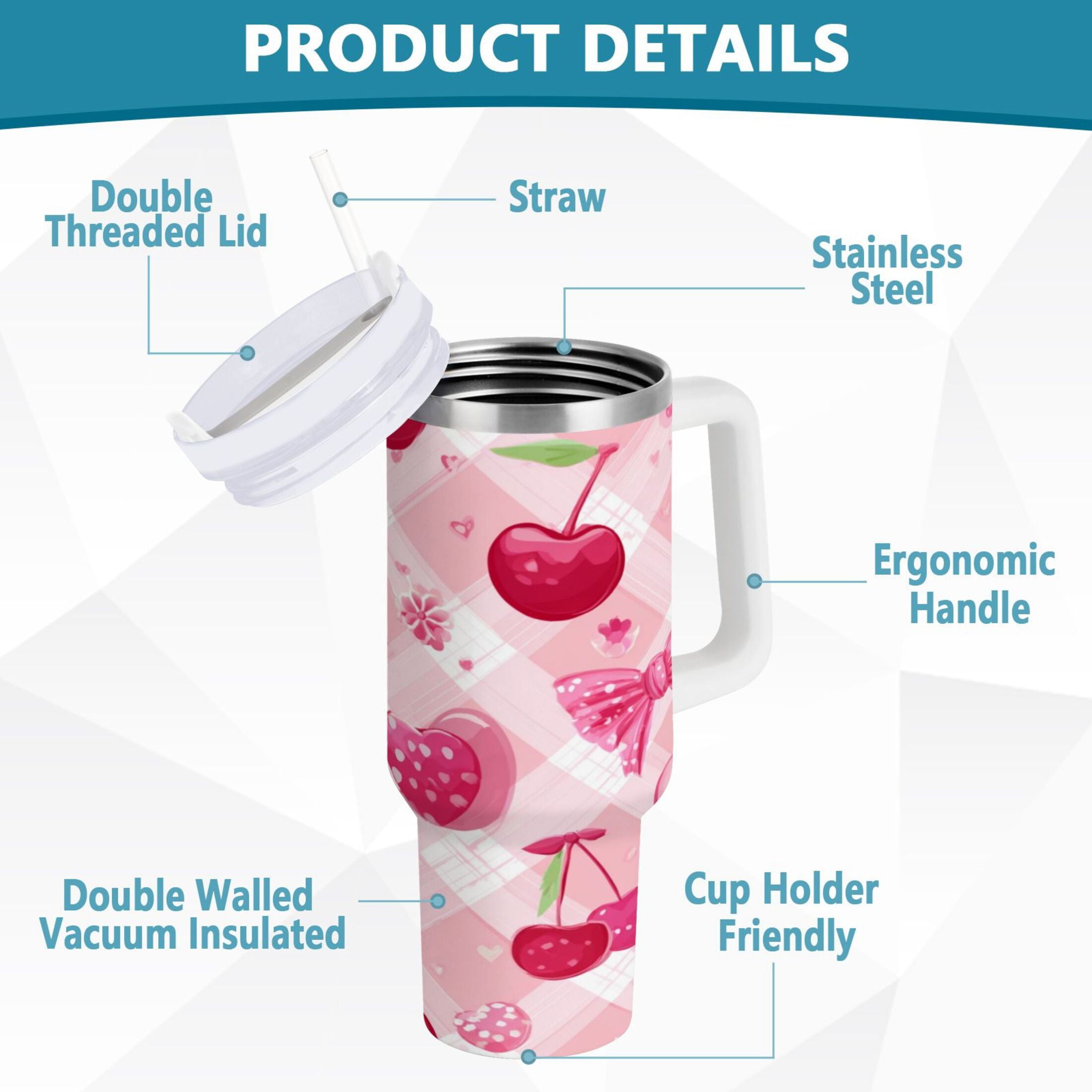 30 oz Insulated Stainless Steel Tumbler Double Wall Stainless Steel Tumbler with 2-Way Drinking Cherry and Pink Bow Pattern Edition-1632