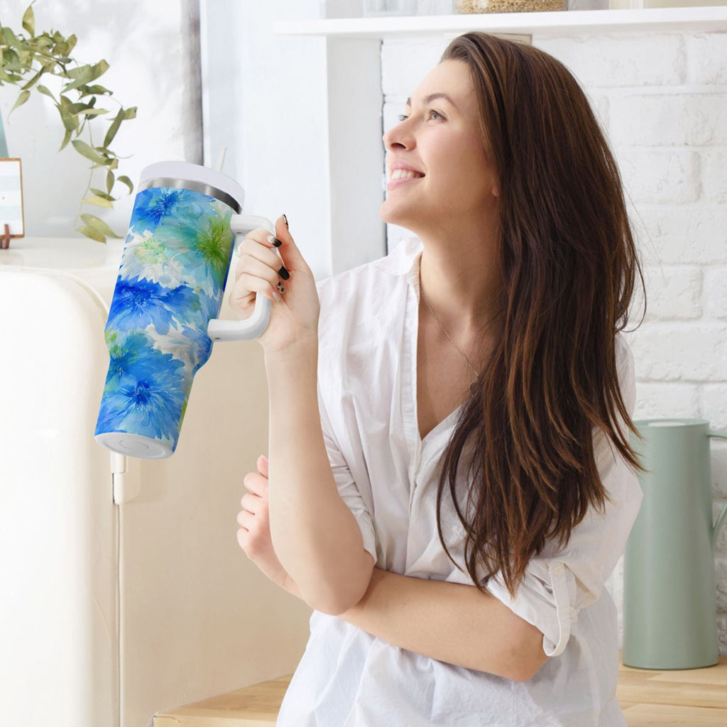 40 oz Insulated Stainless Steel Tumbler Double Wall Stainless Steel Tumbler with 2-Way Drinking Watercolor Blue Cornflowers Edition-E085