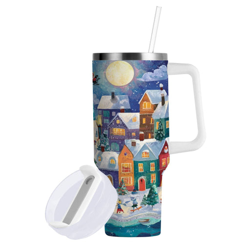 30 oz Insulated Stainless Steel Tumbler Double Wall Stainless Steel Tumbler with 2-Way Drinking Charming Christmas Scene Edition-CUKU