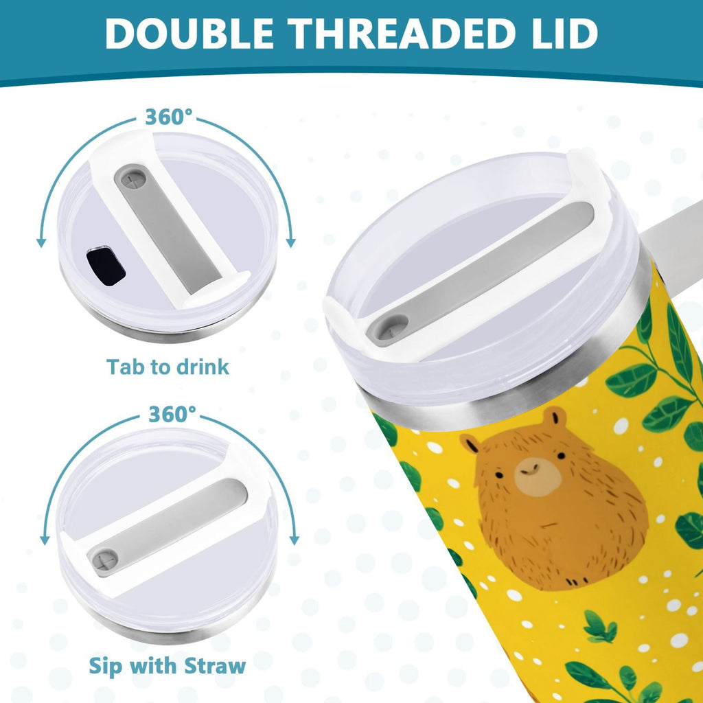 30 oz Insulated Stainless Steel Tumbler Double Wall Stainless Steel Tumbler with 2-Way Drinking Capybara and Green Leaves Edition-CLVI