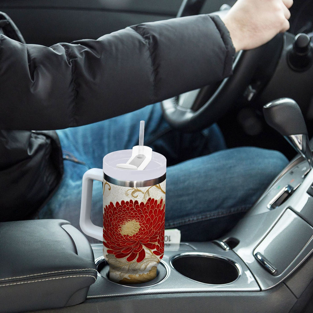 30 oz Insulated Stainless Steel Tumbler Double Wall Stainless Steel Tumbler with 2-Way Drinking Red Chrysanthemum Pattern Edition-ETUM