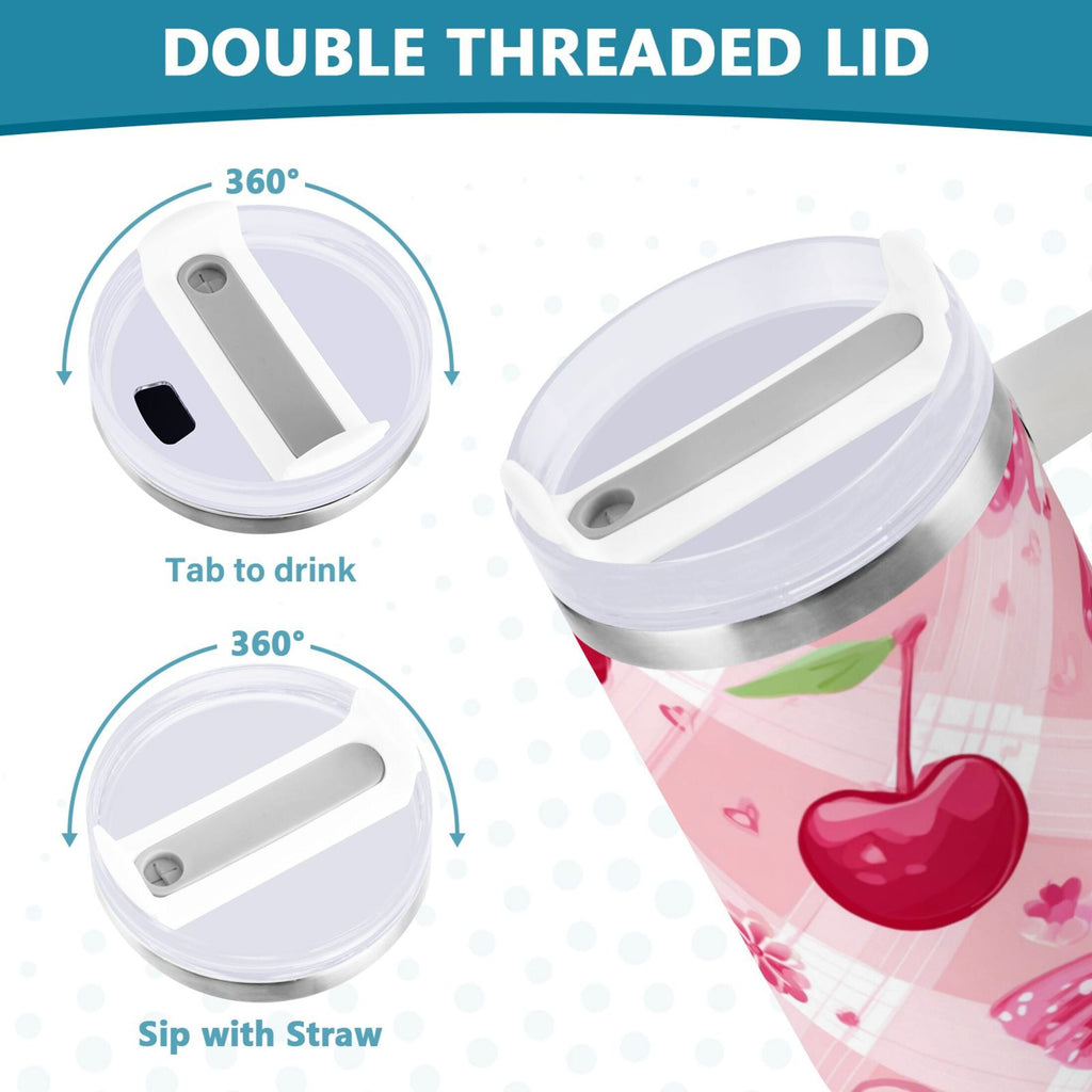 30 oz Insulated Stainless Steel Tumbler Double Wall Stainless Steel Tumbler with 2-Way Drinking Cherry and Pink Bow Pattern Edition-1632