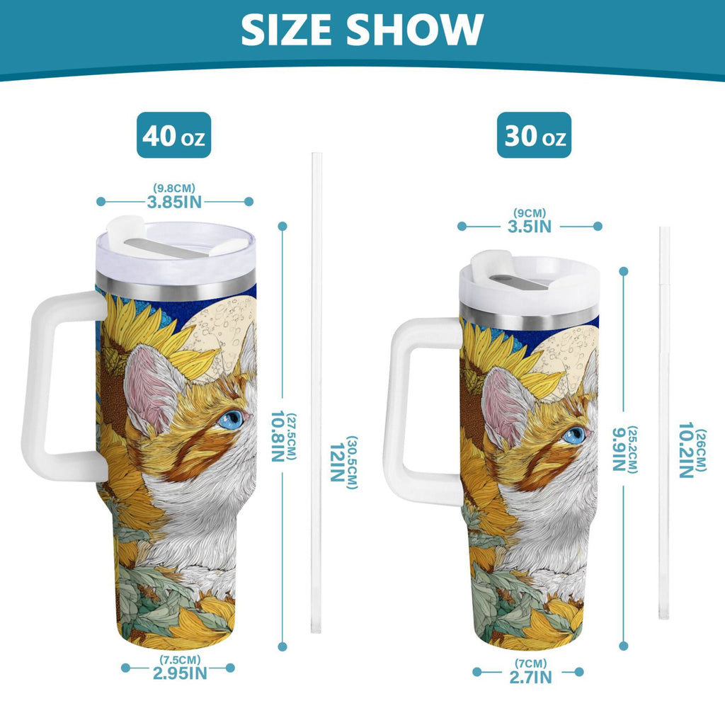 40 oz Insulated Stainless Steel Tumbler Double Wall Stainless Steel Tumbler with 2-Way Drinking Cat Lies in The Sunflowers Edition-9NA2