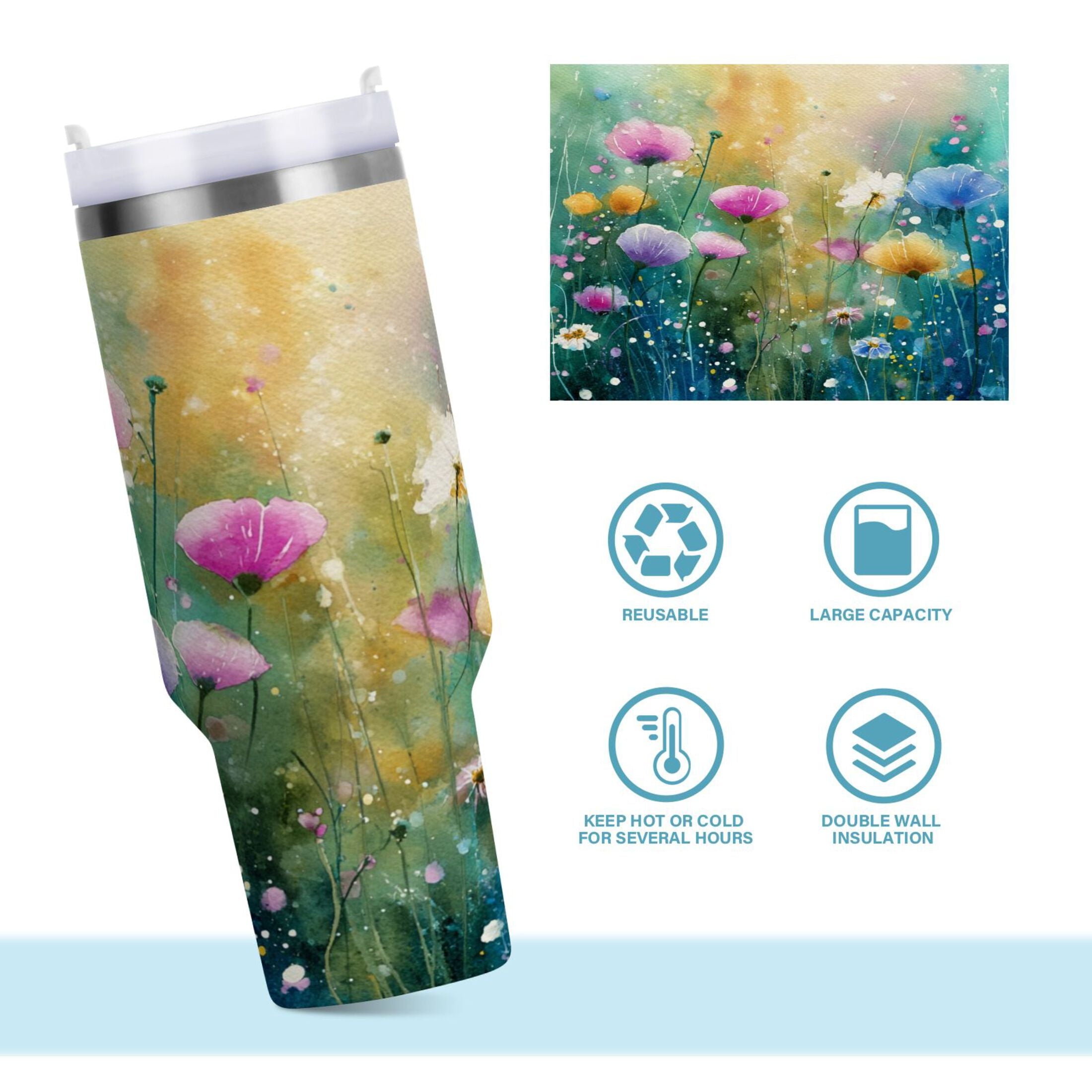 30 oz Insulated Stainless Steel Tumbler Double Wall Stainless Steel Tumbler with 2-Way Drinking Watercolor Wildflowers Edition-85KE