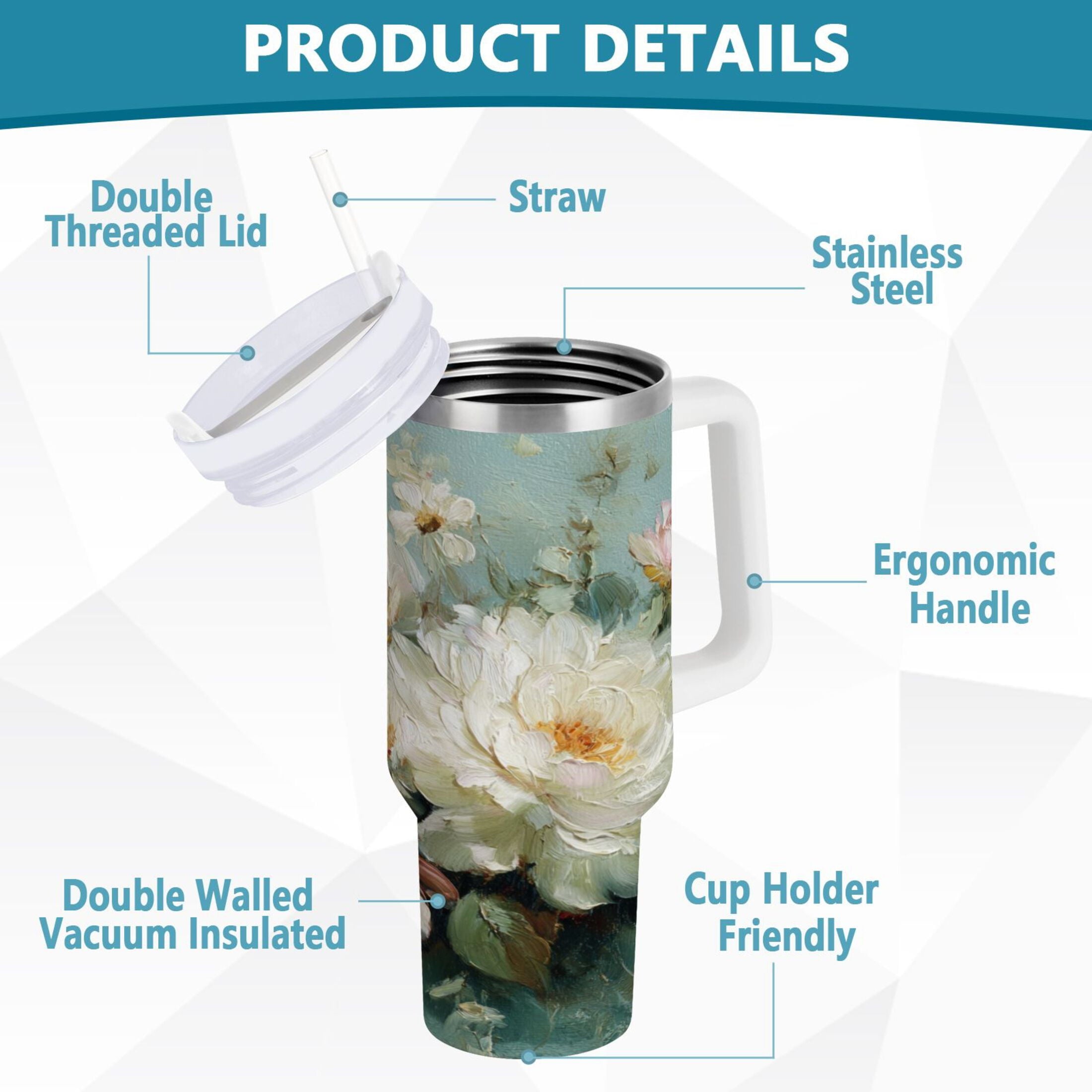 40 oz Insulated Stainless Steel Tumbler Double Wall Stainless Steel Tumbler with 2-Way Drinking Vintage Peonies and Daisies Edition-D83F