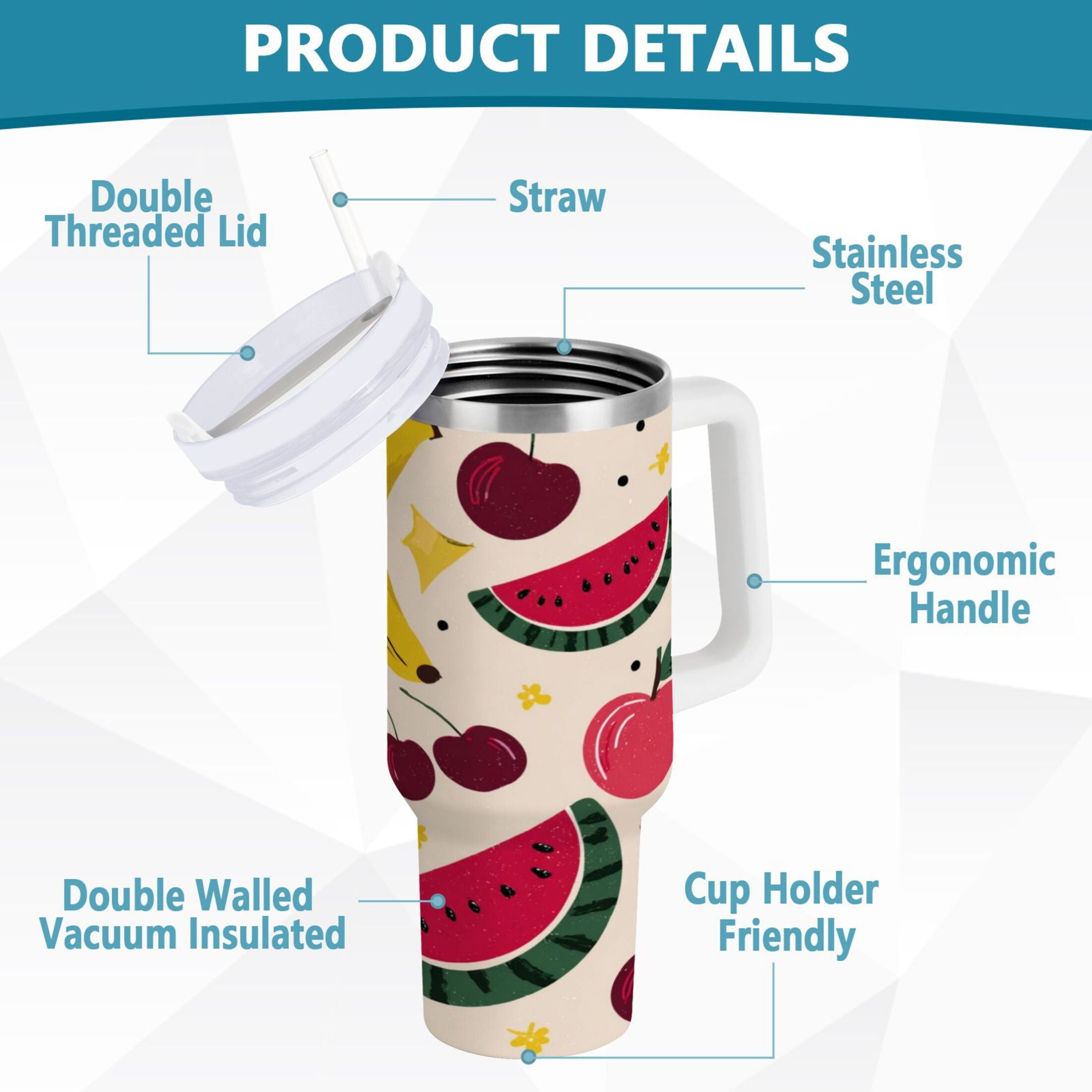 30 oz Insulated Stainless Steel Tumbler Double Wall Stainless Steel Tumbler with 2-Way Drinking Watermelon and Cherries Edition-E53S