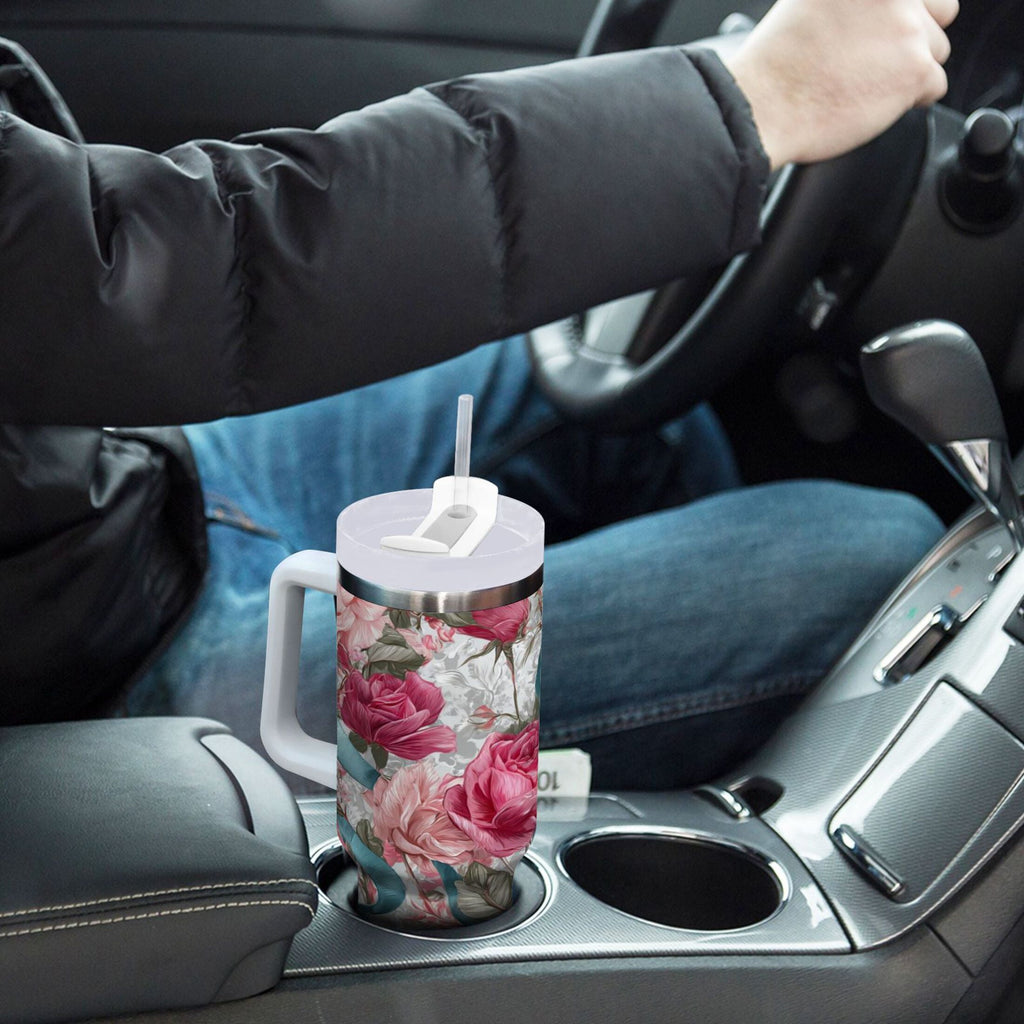 30 oz Insulated Stainless Steel Tumbler Double Wall Stainless Steel Tumbler with 2-Way Drinking Roses and Ribbons Edition-JE1H