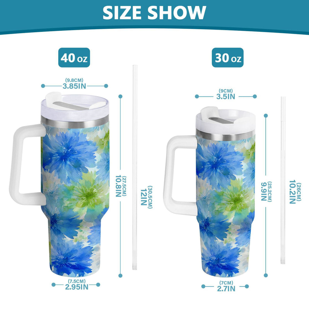 40 oz Insulated Stainless Steel Tumbler Double Wall Stainless Steel Tumbler with 2-Way Drinking Watercolor Blue Cornflowers Edition-E085