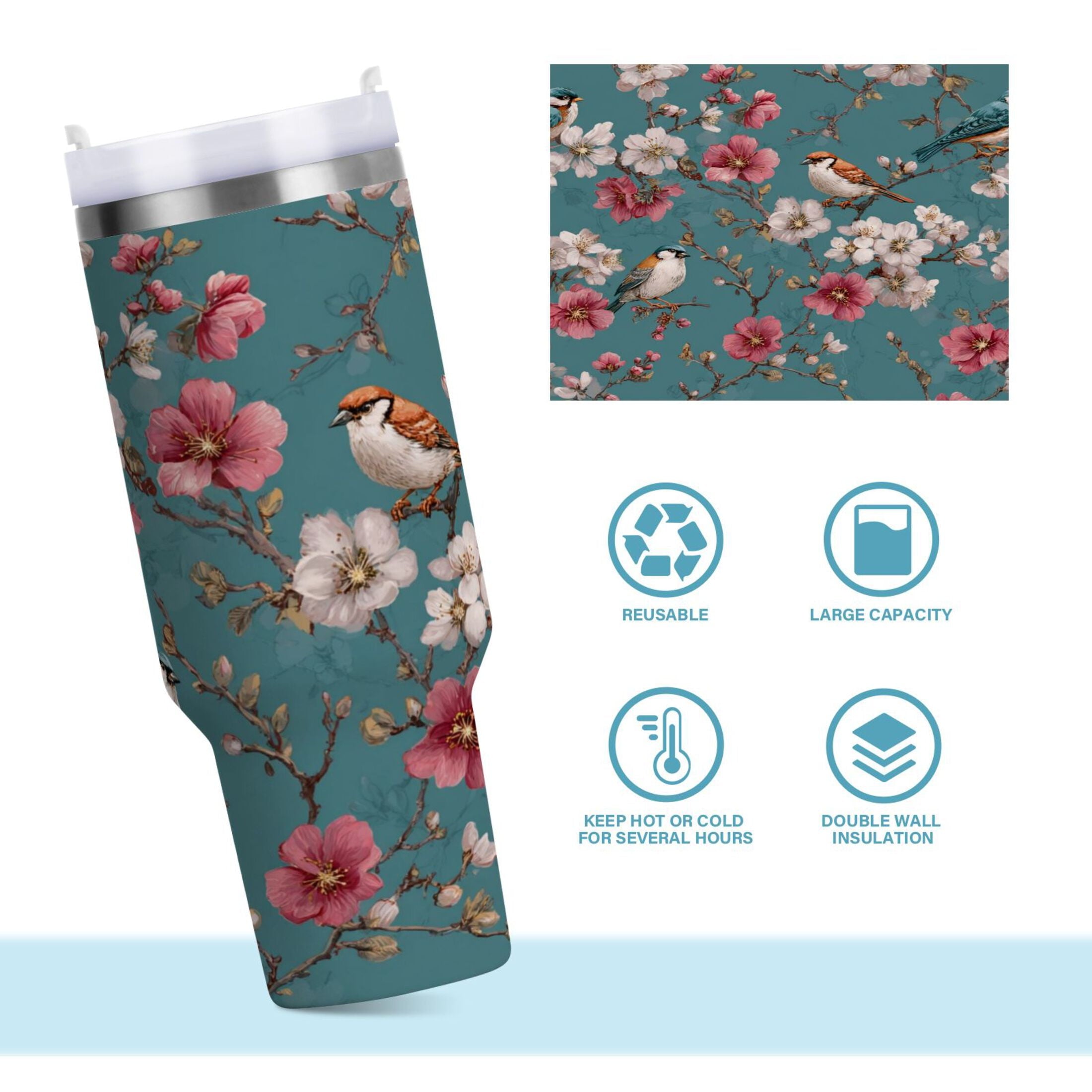 30 oz Insulated Stainless Steel Tumbler Double Wall Stainless Steel Tumbler with 2-Way Drinking Birds and Cherry Pattern Edition-COSG