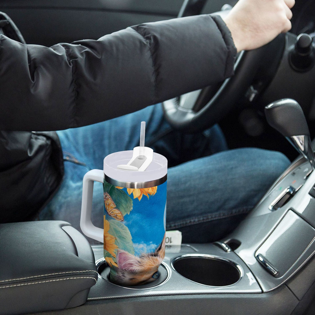 40 oz Insulated Stainless Steel Tumbler Double Wall Stainless Steel Tumbler with 2-Way Drinking Playful Cat Lying Sunflowers Edition-BO3C