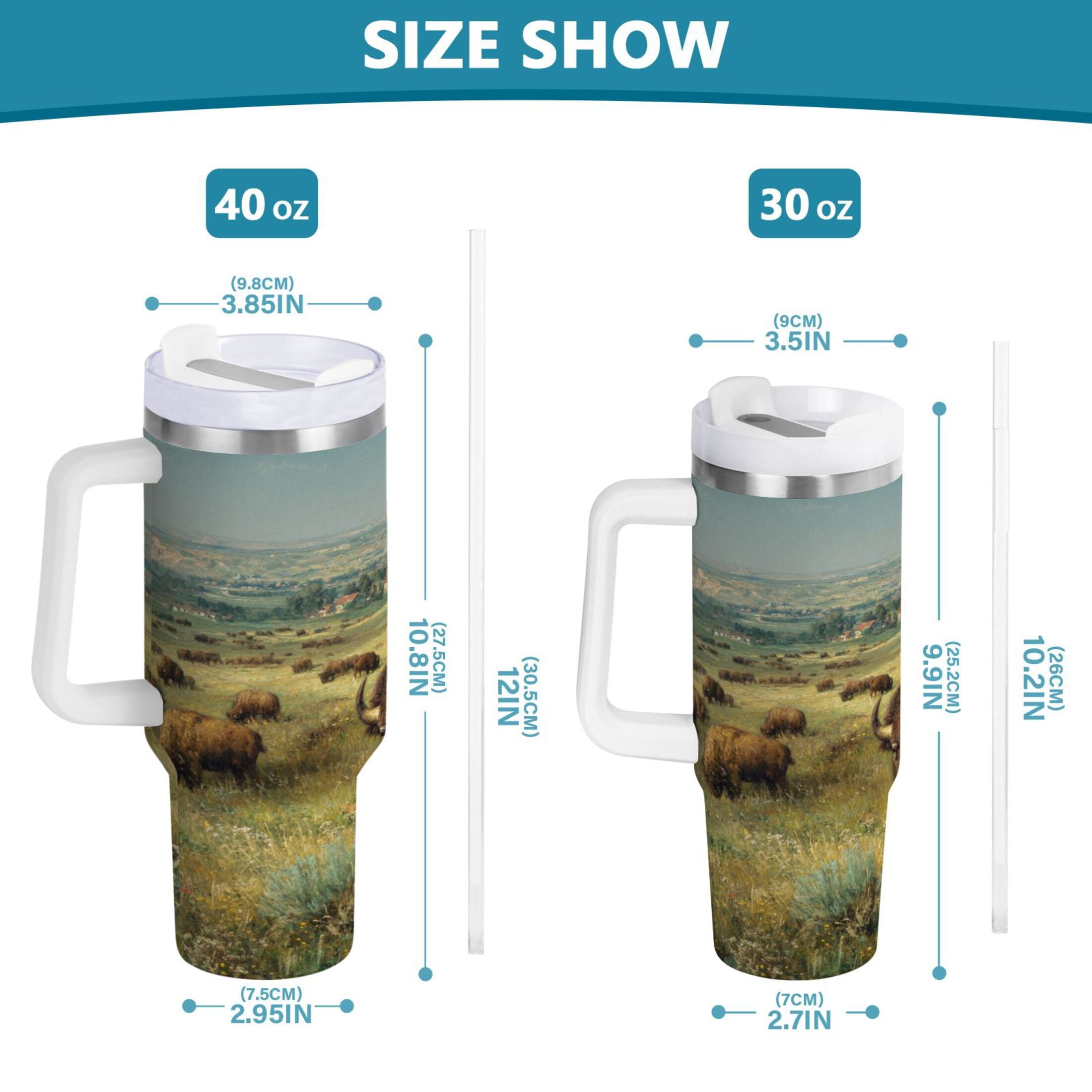 30 oz Insulated Stainless Steel Tumbler Double Wall Stainless Steel Tumbler with 2-Way Drinking Buffalo Herd Oil Painting Edition-SWI2