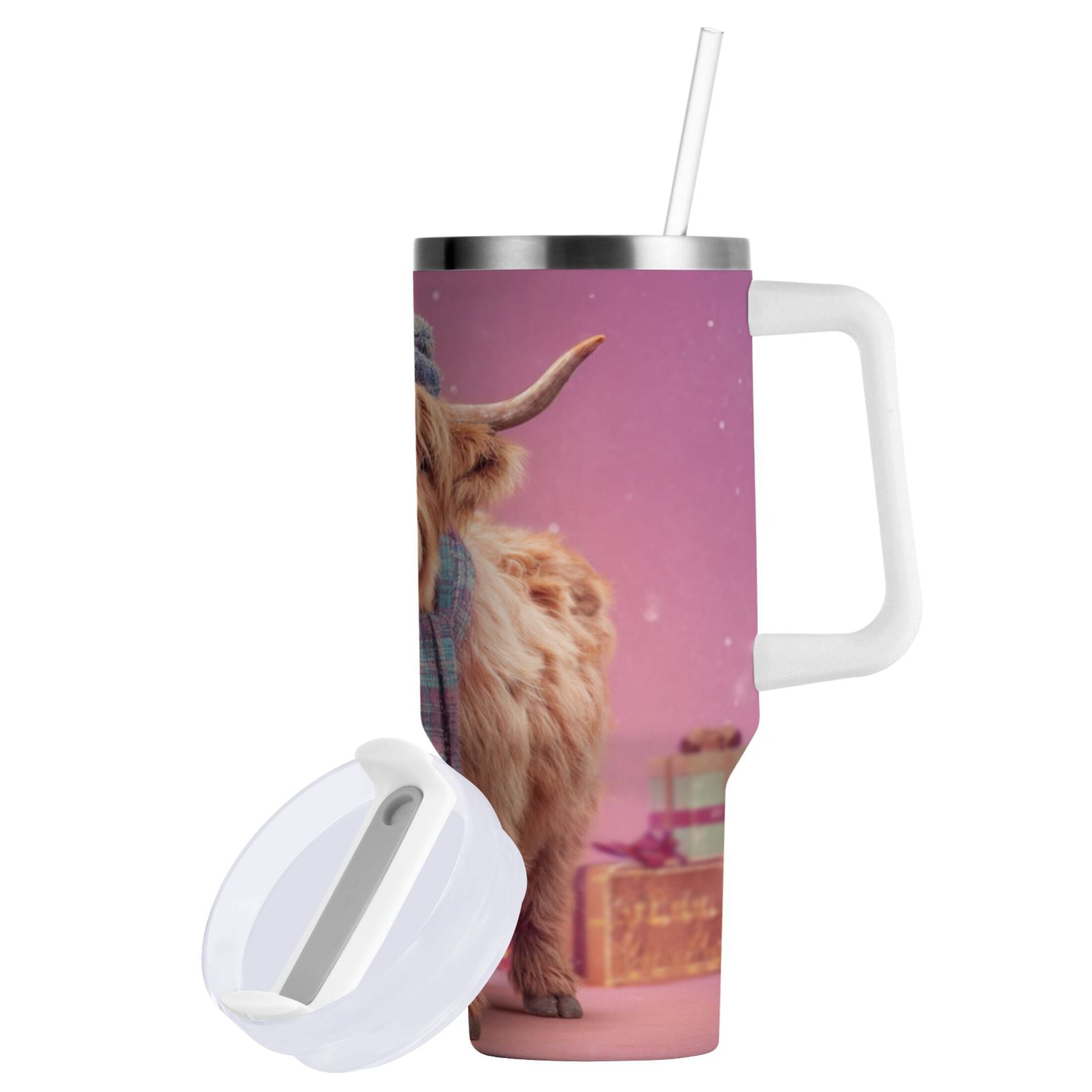 30 oz Insulated Stainless Steel Tumbler Double Wall Stainless Steel Tumbler with 2-Way Drinking Cow Wearing Christmas Edition-I5YN