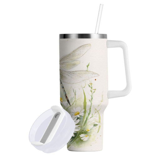 30 oz Insulated Stainless Steel Tumbler Double Wall Stainless Steel Tumbler with 2-Way Drinking Dragonflies with White Daisies Edition-EJMT