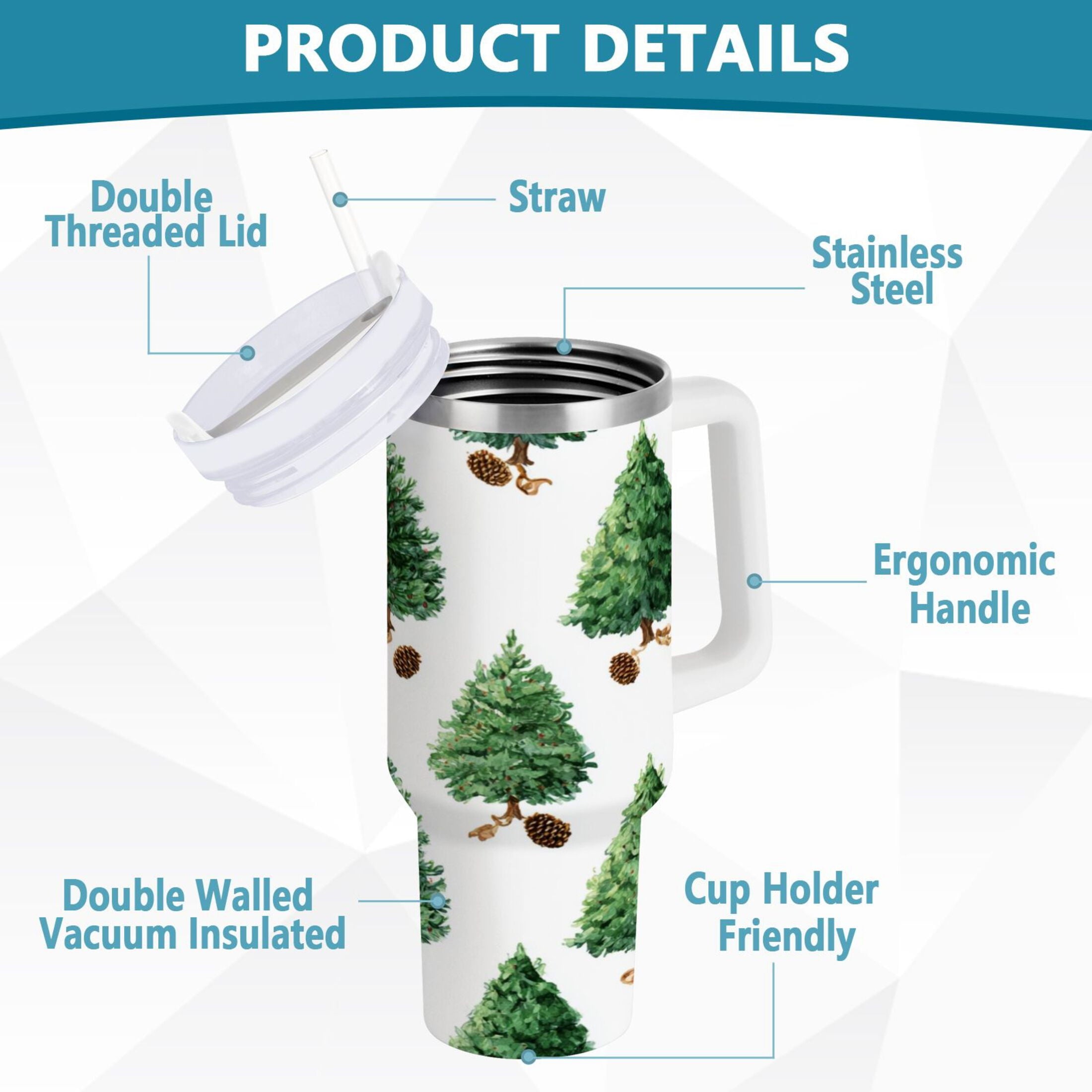 30 oz Insulated Stainless Steel Tumbler Double Wall Stainless Steel Tumbler with 2-Way Drinking Watercolor Green Christmas Tree Edition-VR4K