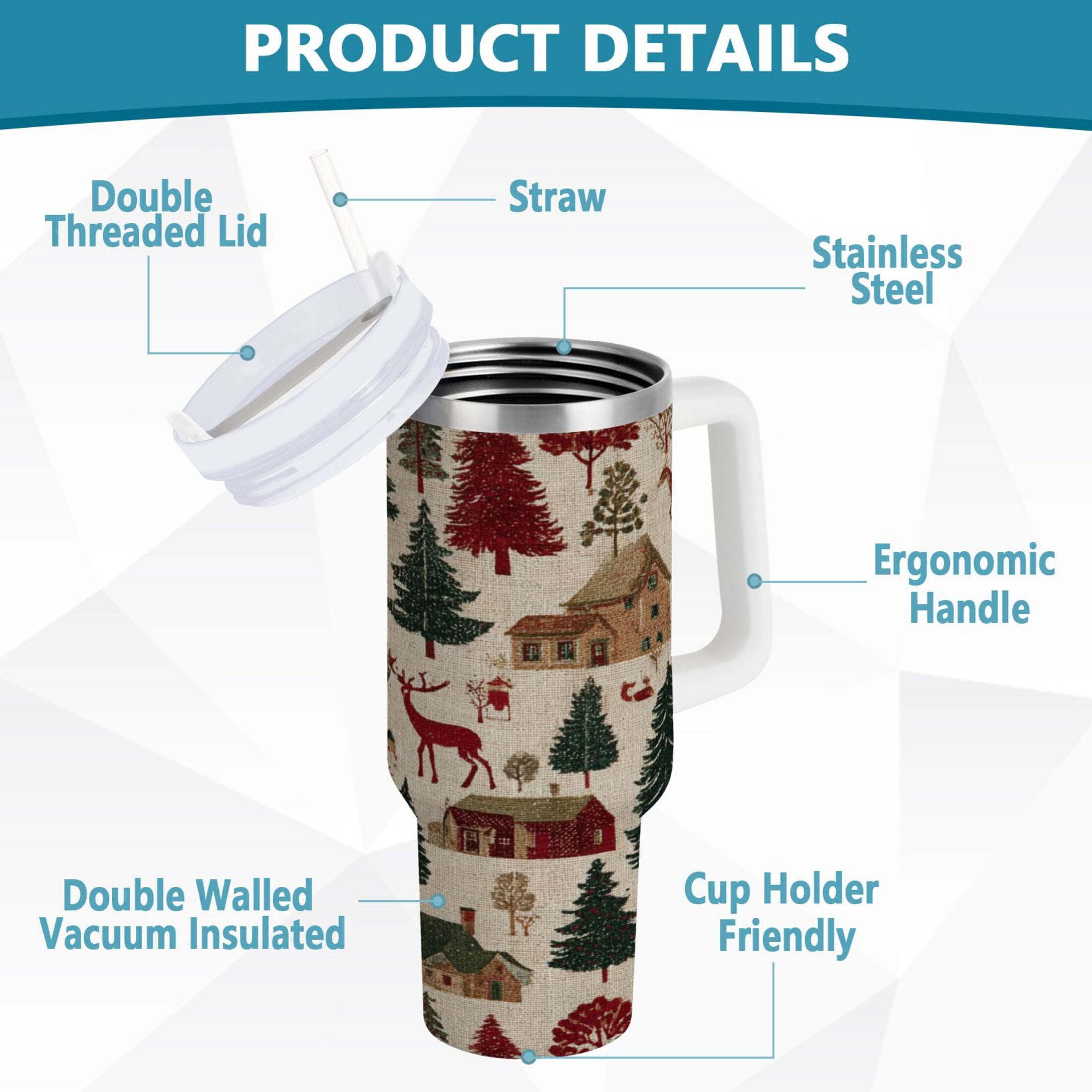 30 oz Insulated Stainless Steel Tumbler Double Wall Stainless Steel Tumbler with 2-Way Drinking Christmas Trees Deer and Houses Edition-KNJX