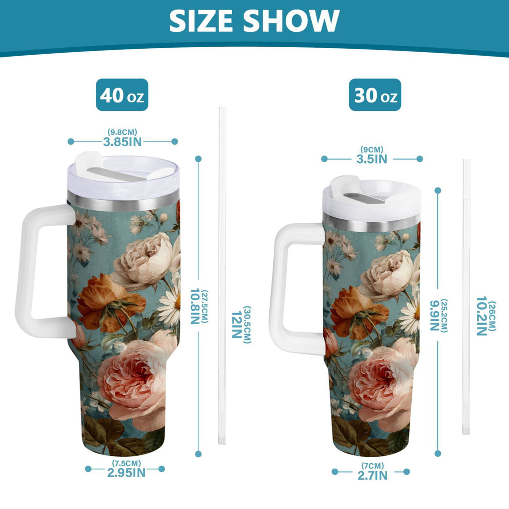 30 oz Insulated Stainless Steel Tumbler Double Wall Stainless Steel Tumbler with 2-Way Drinking Vintage Roses and Peonies Edition-I8MW