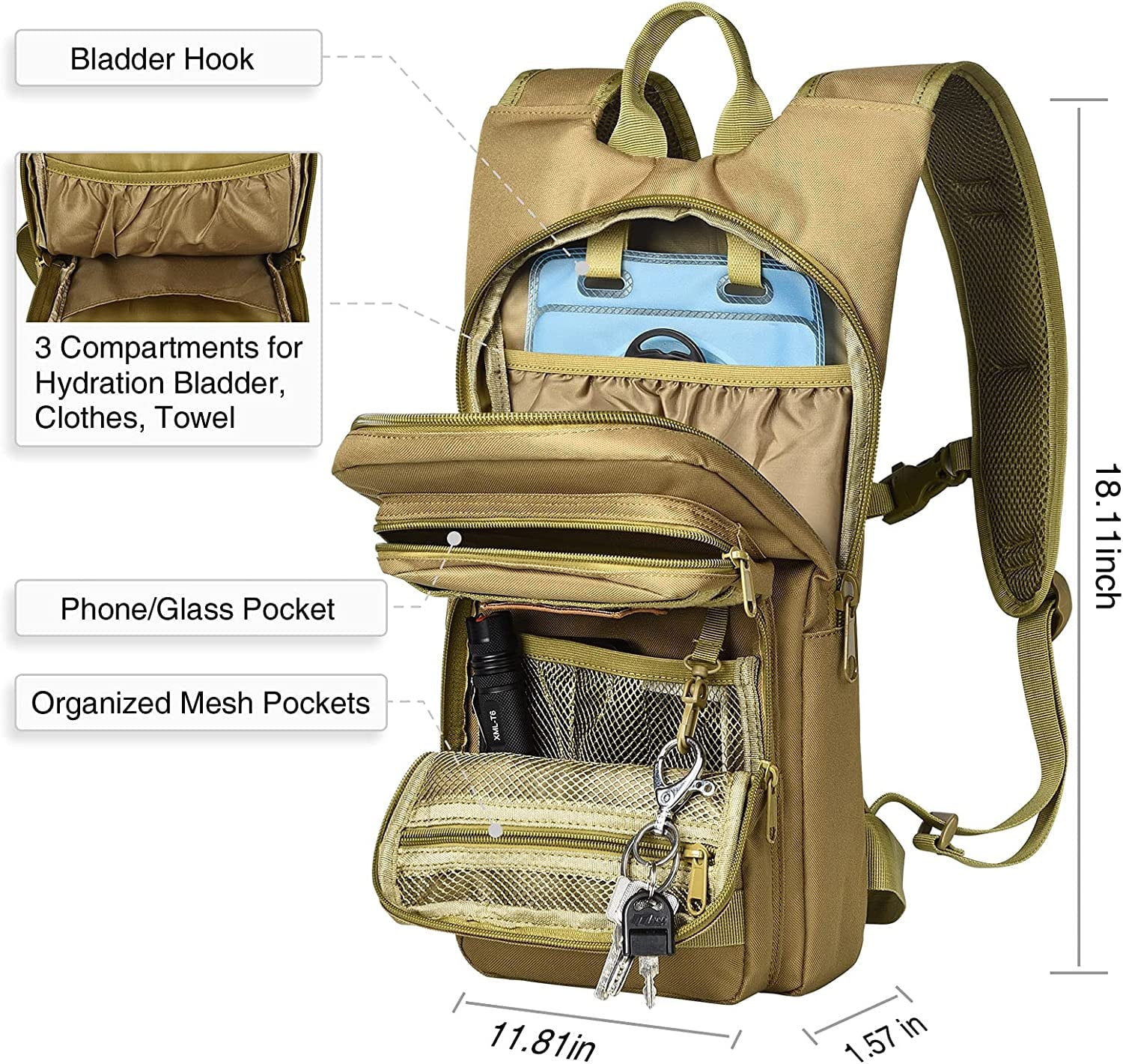 Brightify 17L Hydration Backpack with 3L TPU Water Bladder, Camel Backpack Hydration Pack for Hiking Hunting Climbing Cycling Biking Running, Molle Compatible Water Backpack for Men Women, Black Edition-LO6W