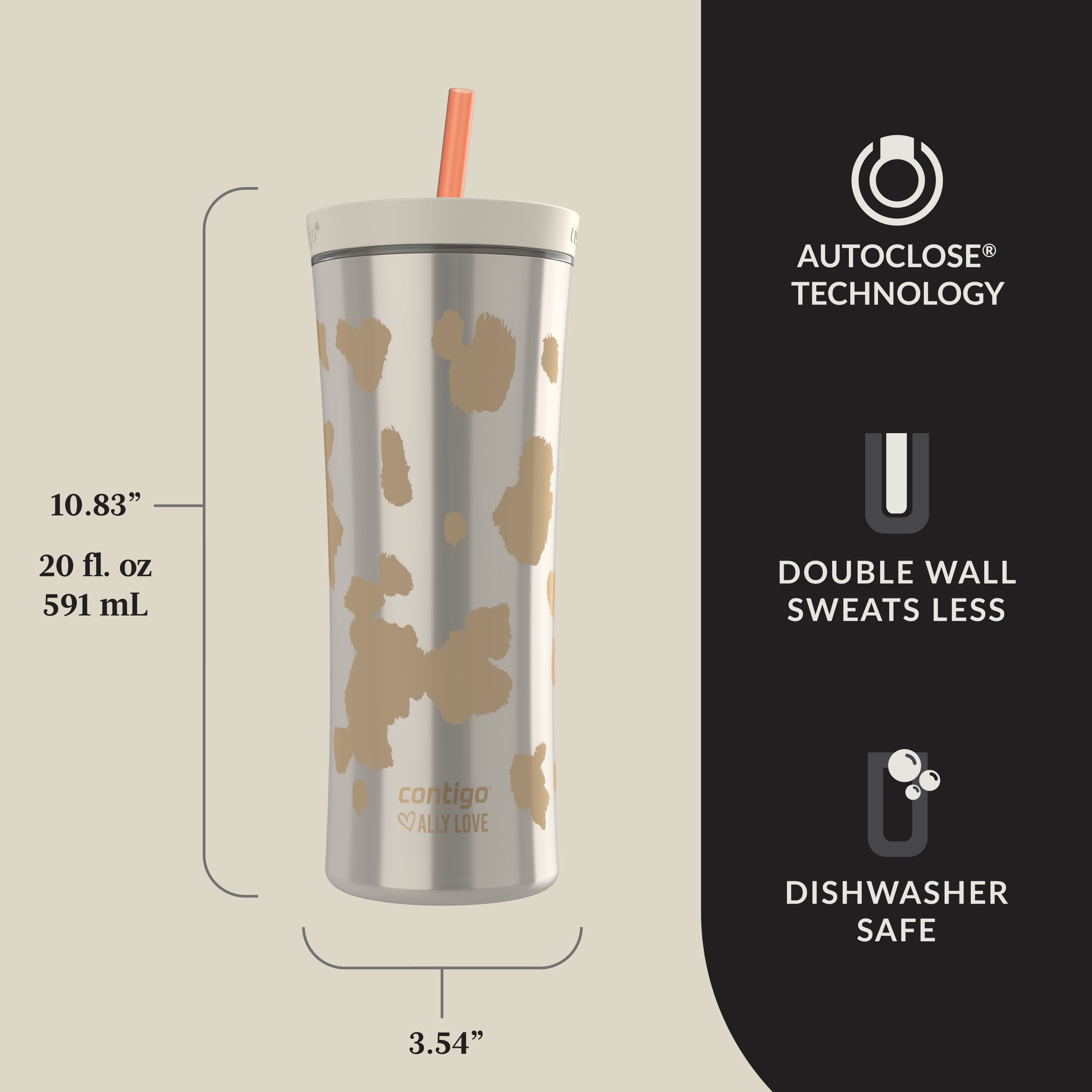 Contigo 20oz Shake &amp; Go Tumbler, Plastic with Straw, Oatmilk Cowhide Couture Edition-P6VO