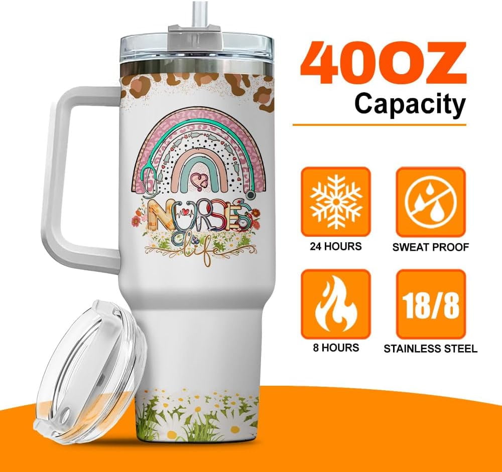 Tumbler 40 Oz With Handle Lid And Straw, Nurse Gifts, Black Camo White Engraved Print Travel Nurses Tumblers Handle Funny Cups Nursing For, Great Nurse Rainbow Daisy Flower Edition-CQH4