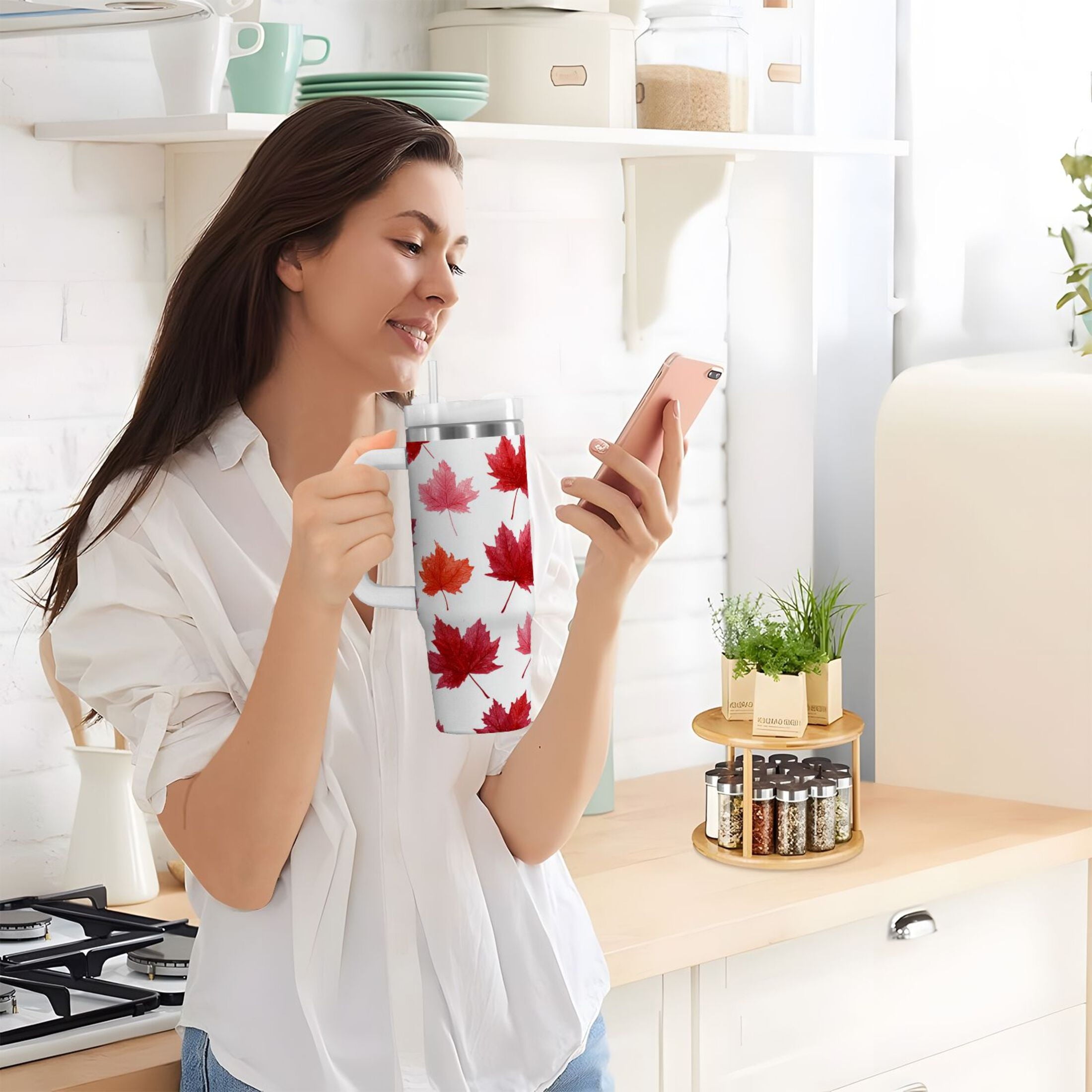 30 oz Insulated Stainless Steel Tumbler Double Wall Stainless Steel Tumbler with 2-Way Drinking Vibrant Red Maple Leaves Edition-F9T7
