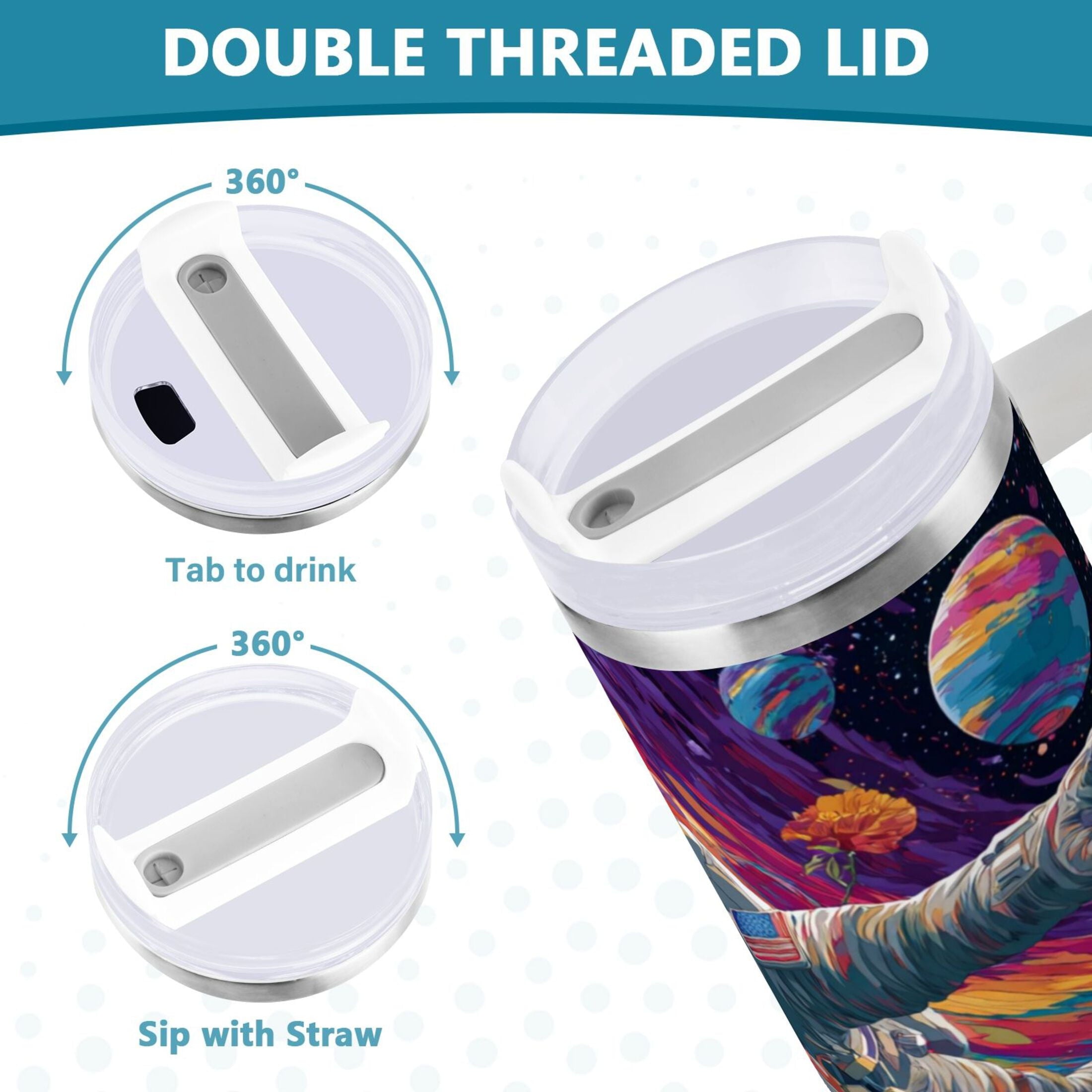 40 oz Insulated Stainless Steel Tumbler Double Wall Stainless Steel Tumbler with 2-Way Drinking Colorful Flowers and Planets Edition-4PRA