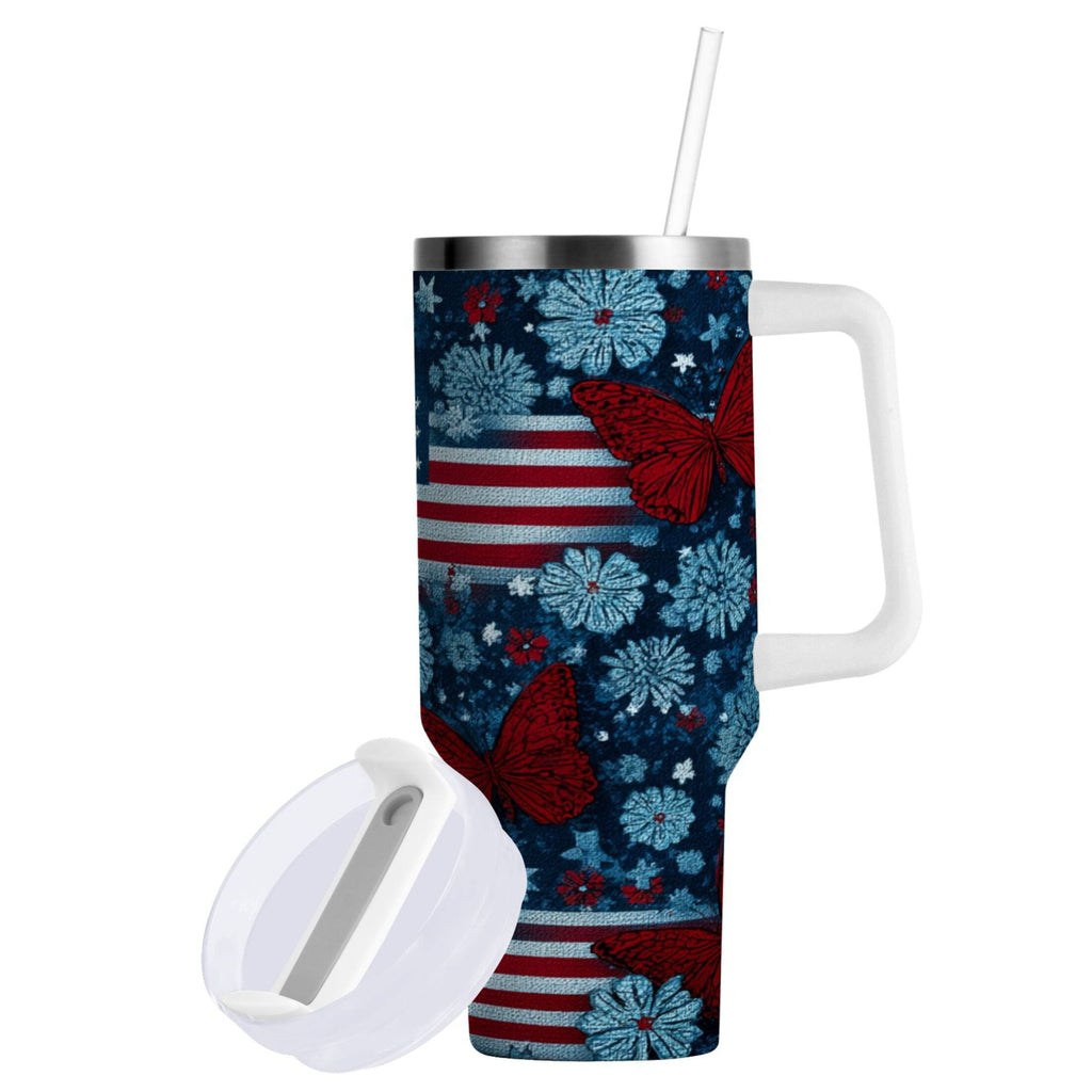 30 oz Insulated Stainless Steel Tumbler Double Wall Stainless Steel Tumbler with 2-Way Drinking Red Butterflies and Flags Edition-8NJA