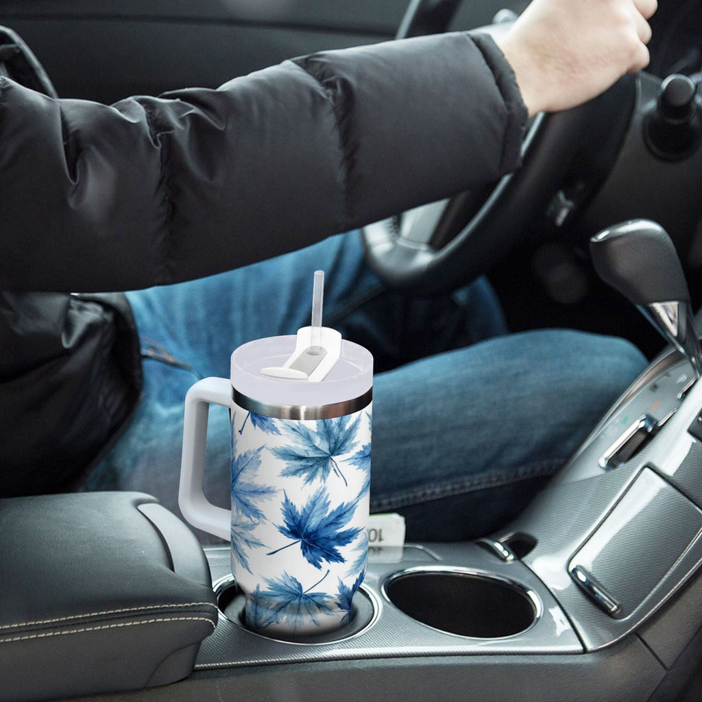 30 oz Insulated Stainless Steel Tumbler Double Wall Stainless Steel Tumbler with 2-Way Drinking Abstract Blue Maple Leaves Edition-19WP