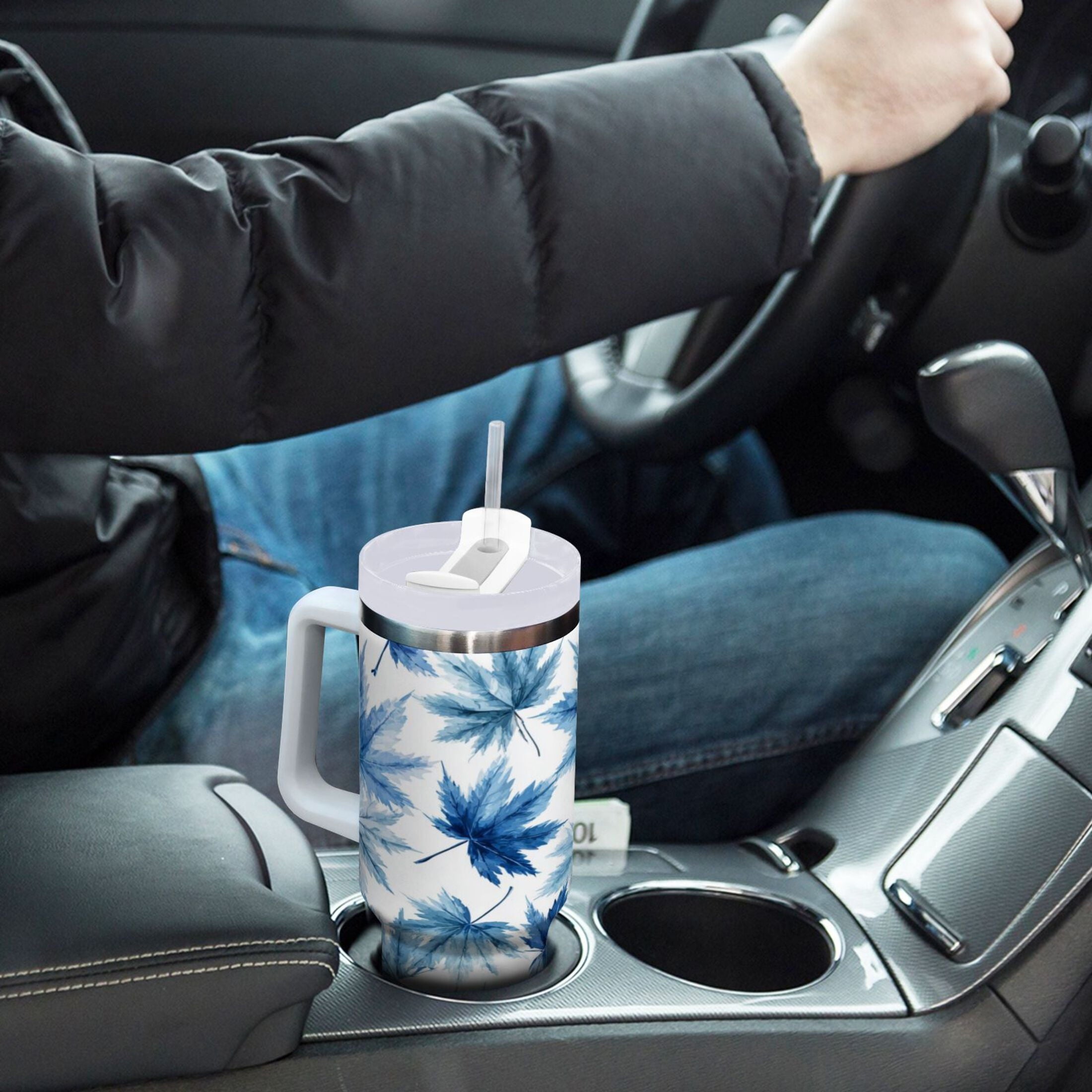30 oz Insulated Stainless Steel Tumbler Double Wall Stainless Steel Tumbler with 2-Way Drinking Abstract Blue Maple Leaves Edition-19WP