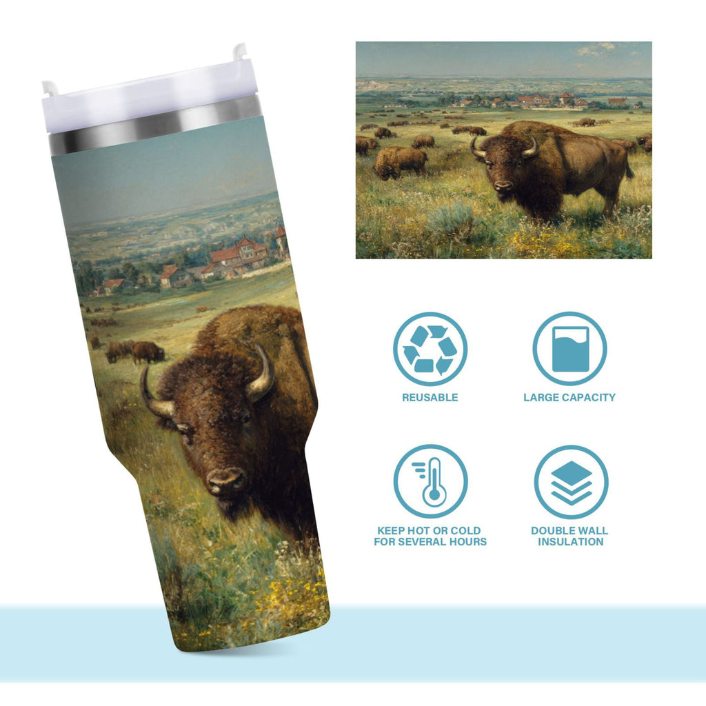 30 oz Insulated Stainless Steel Tumbler Double Wall Stainless Steel Tumbler with 2-Way Drinking Buffalo Herd Oil Painting Edition-SWI2