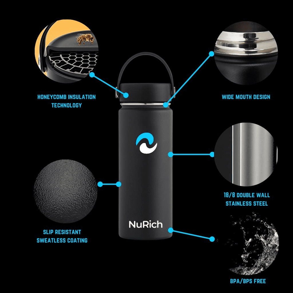 NuRich Sports Water Bottle - 18 Oz, Vacuum Insulated Stainless Steel, Modern Double Walled, Simple Thermo Modern Mug, Hydro Metal Canteen Flask Wide Mouth with Sweat Proof Design for Cold &amp; Hot Temp Edition-81QS